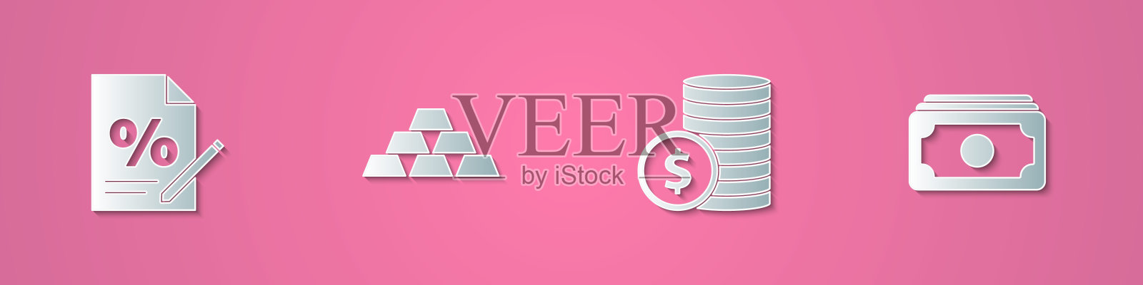 集剪纸财务文件，金条，硬币金钱与美元和堆栈纸现金图标。纸艺术风格。向量插画图片素材