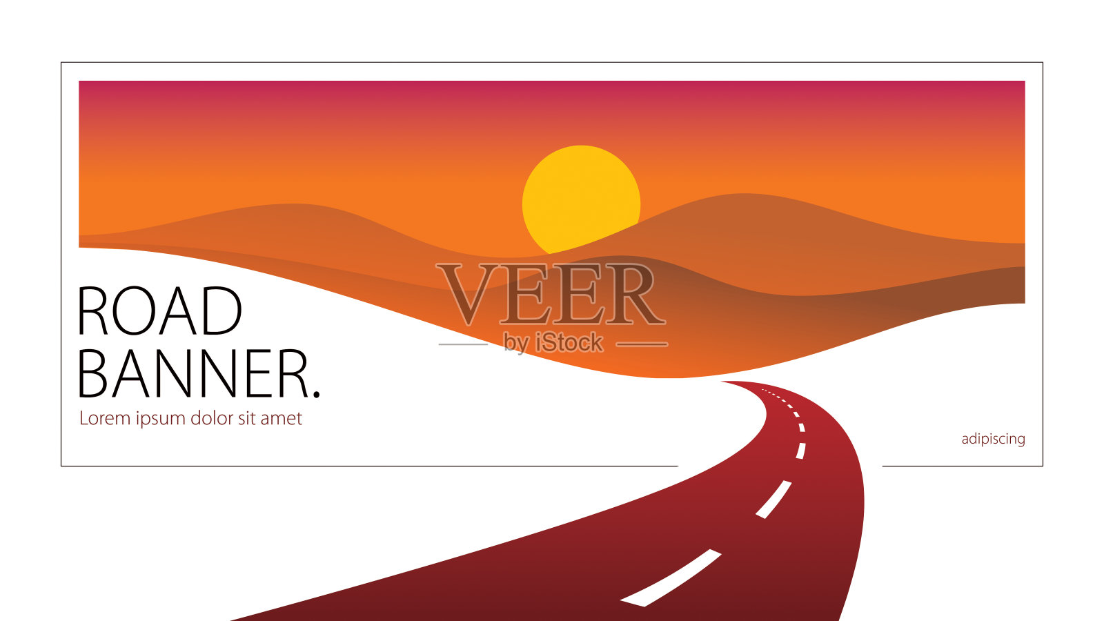 乡村公路弯道矢量完美设计插图。以自然之路日落、山野露营和旅行为主题。可以作为一个道路横幅或广告牌与文本复制空间。插画图片素材