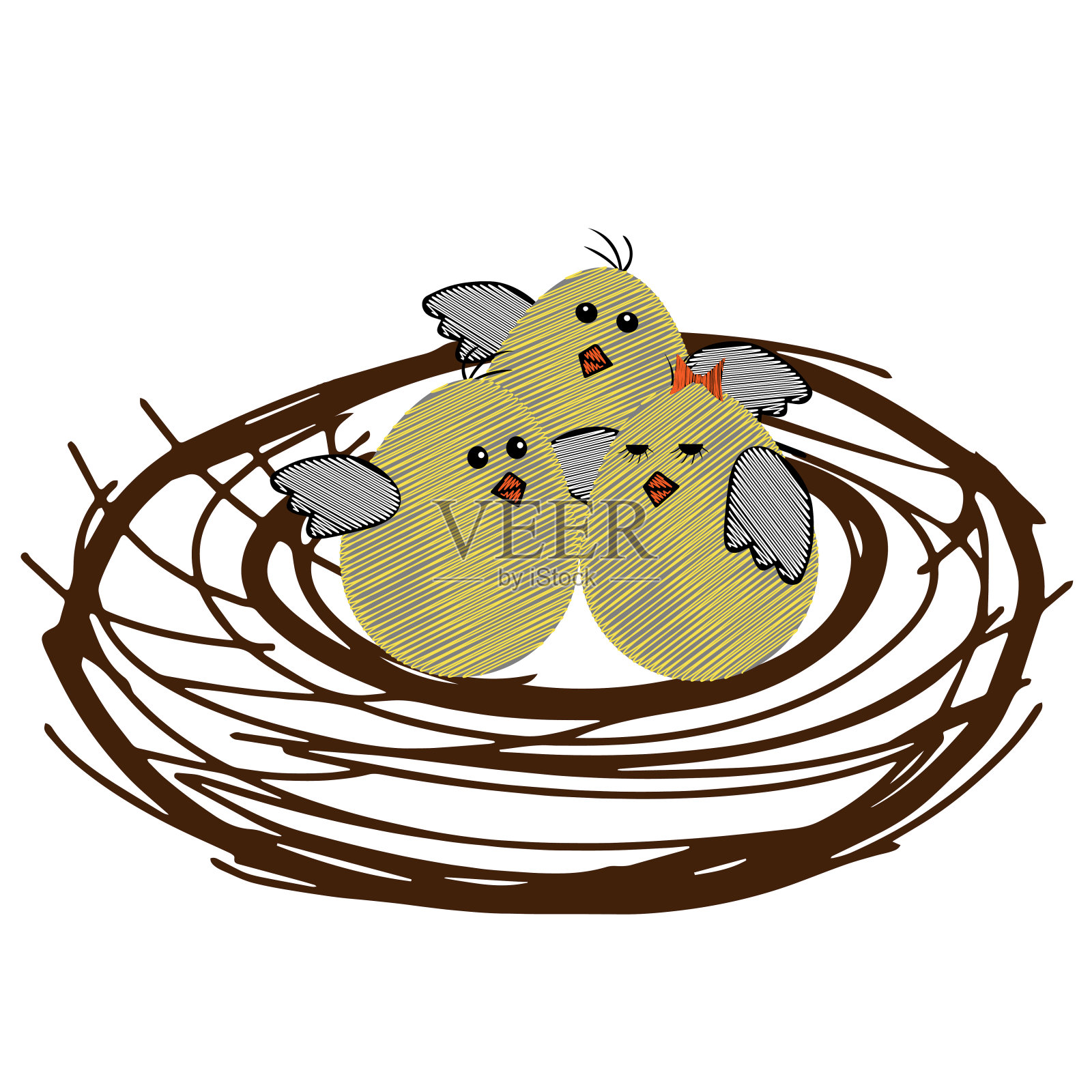 树黄色涂鸦矢量复活节彩蛋或鸡窝孤立在白色背景上刺绣插画图片素材