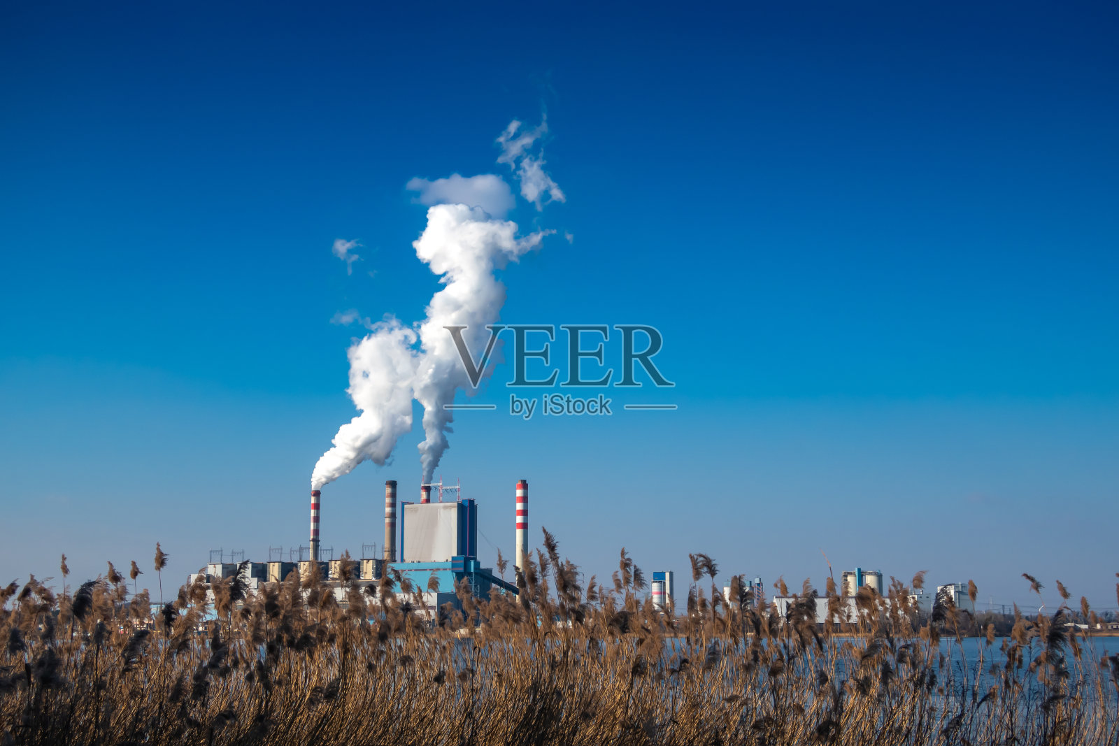 坐落在湖边的火力发电厂。Patnow,波兰。照片摄影图片