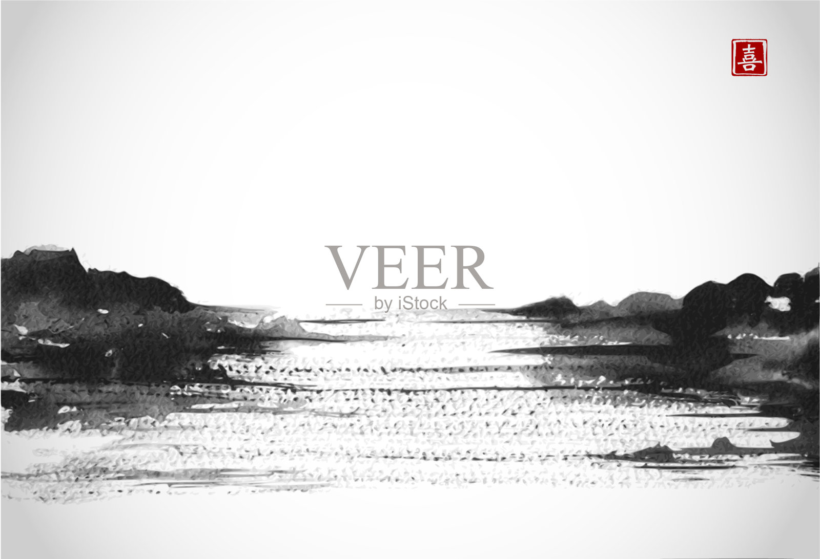 以亚洲风格手绘湖泊景观插画图片素材