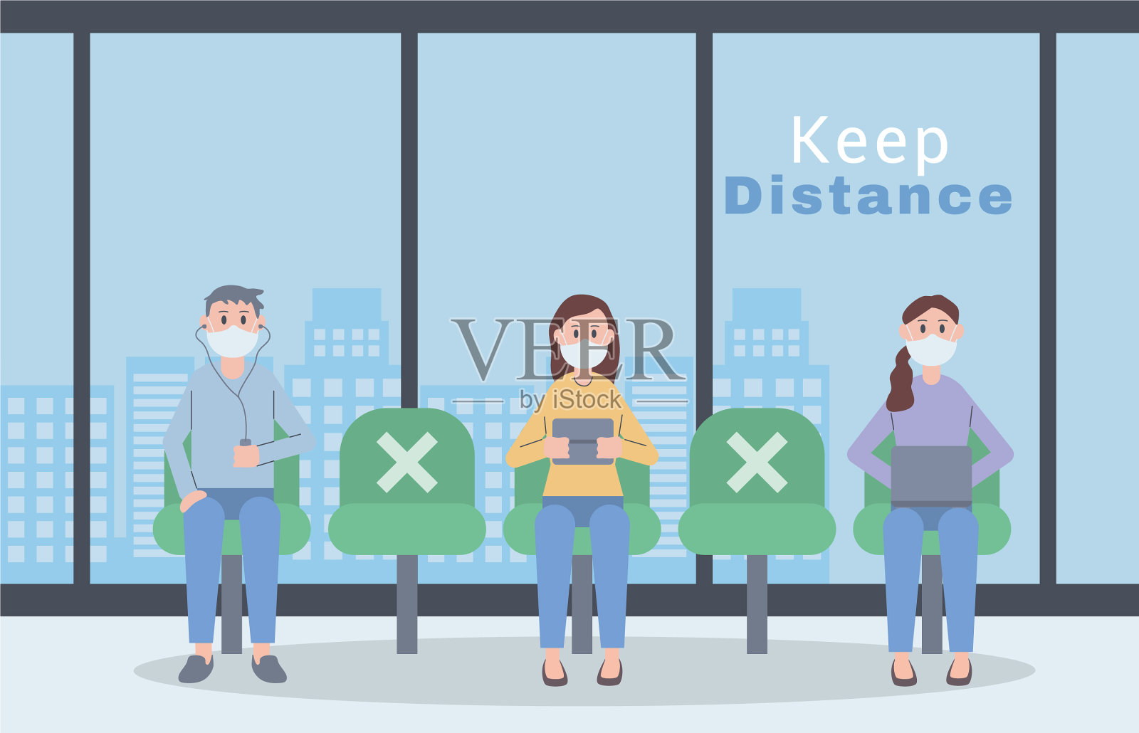 戴口罩的年轻人保持距离插画图片素材