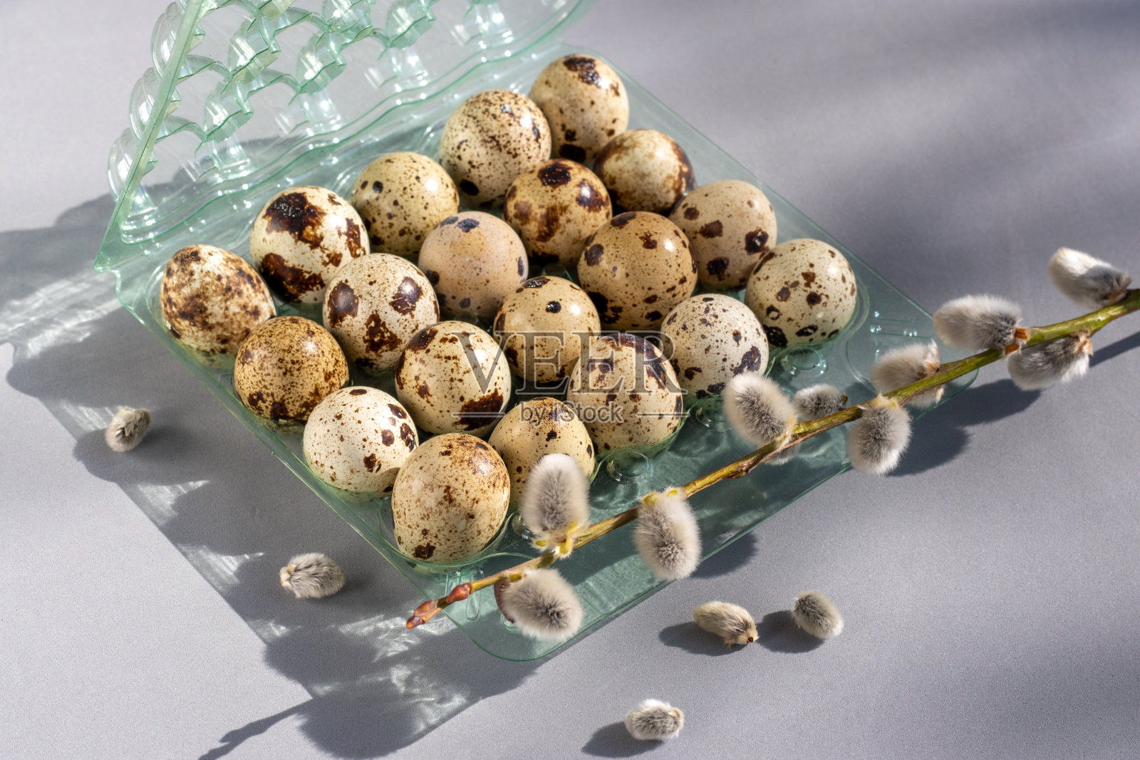 复活节背景:鹌鹑蛋和柳枝。主题:复活节，复活节蛋，天然产物。照片摄影图片