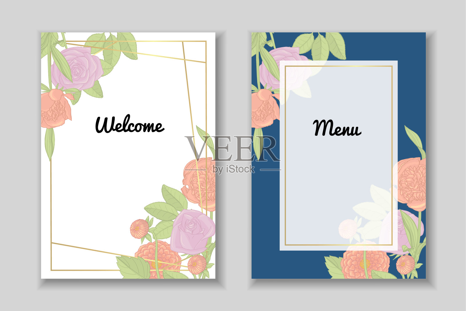 设置矩形金线框卡与插画图片素材