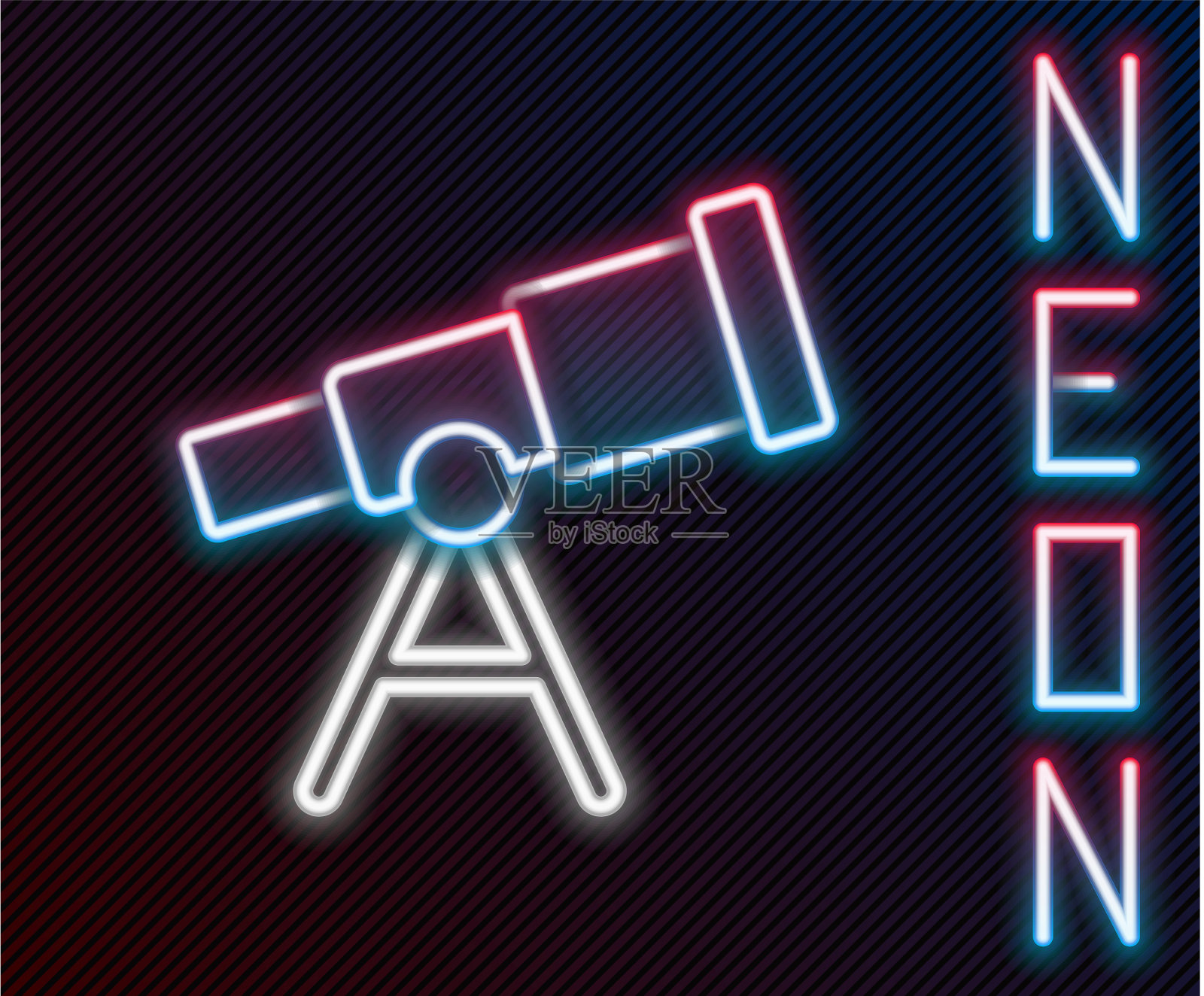 发光的霓虹线望远镜图标孤立在黑色插画图片素材