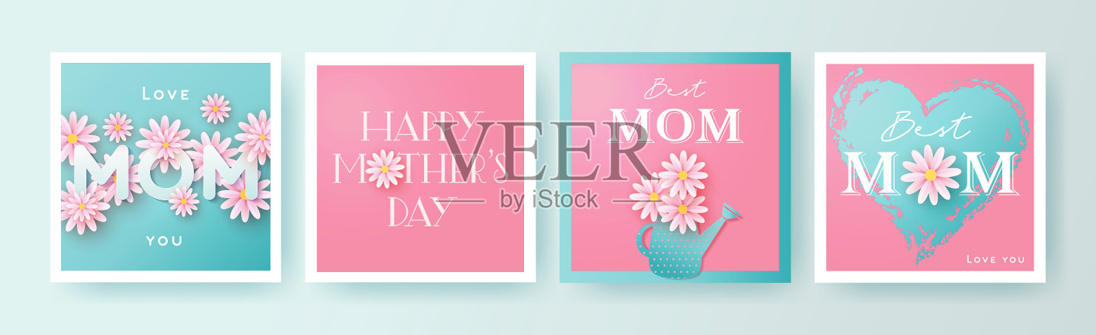 一套母亲节贺卡与剪纸花，手绘心和印刷。母亲节节日插图，问候，社交媒体，推广设计模板素材