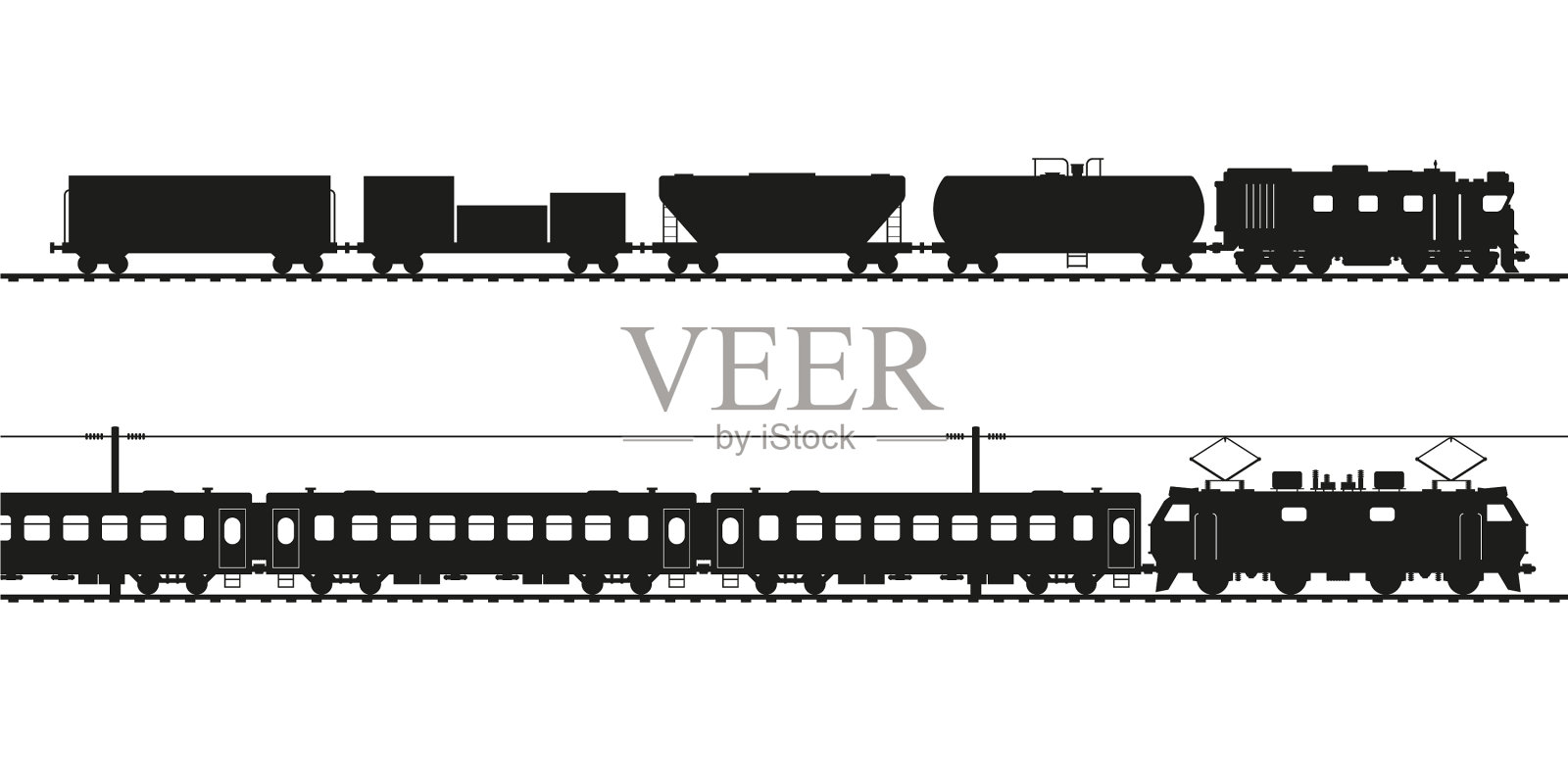 货运列车和客运列车的黑色剪影插画图片素材