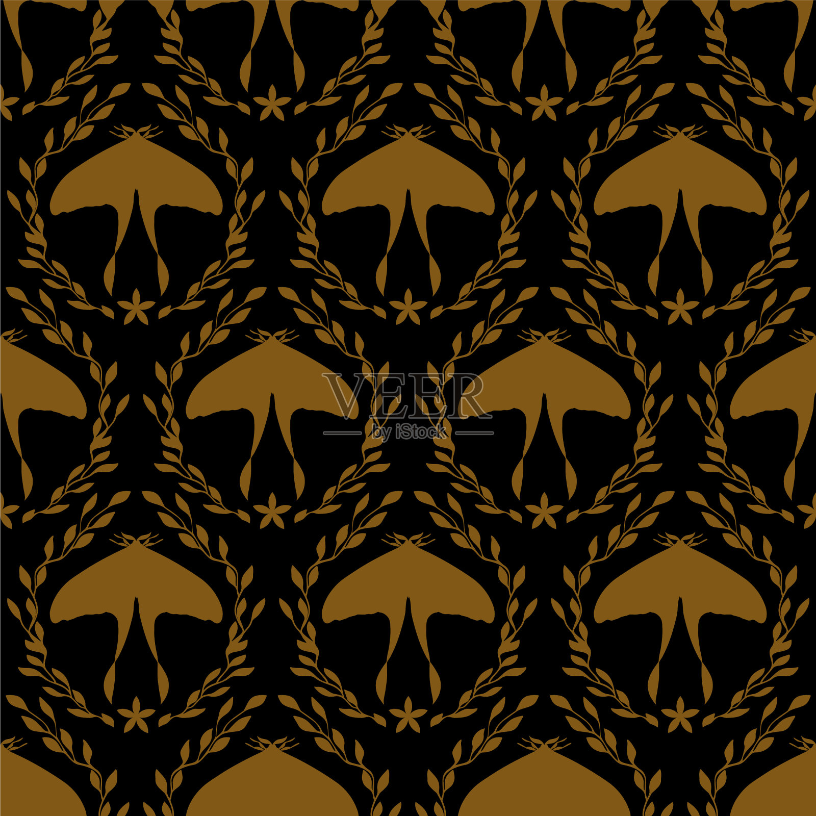 黑色鲜艳花缎上的金色蝴蝶插画图片素材