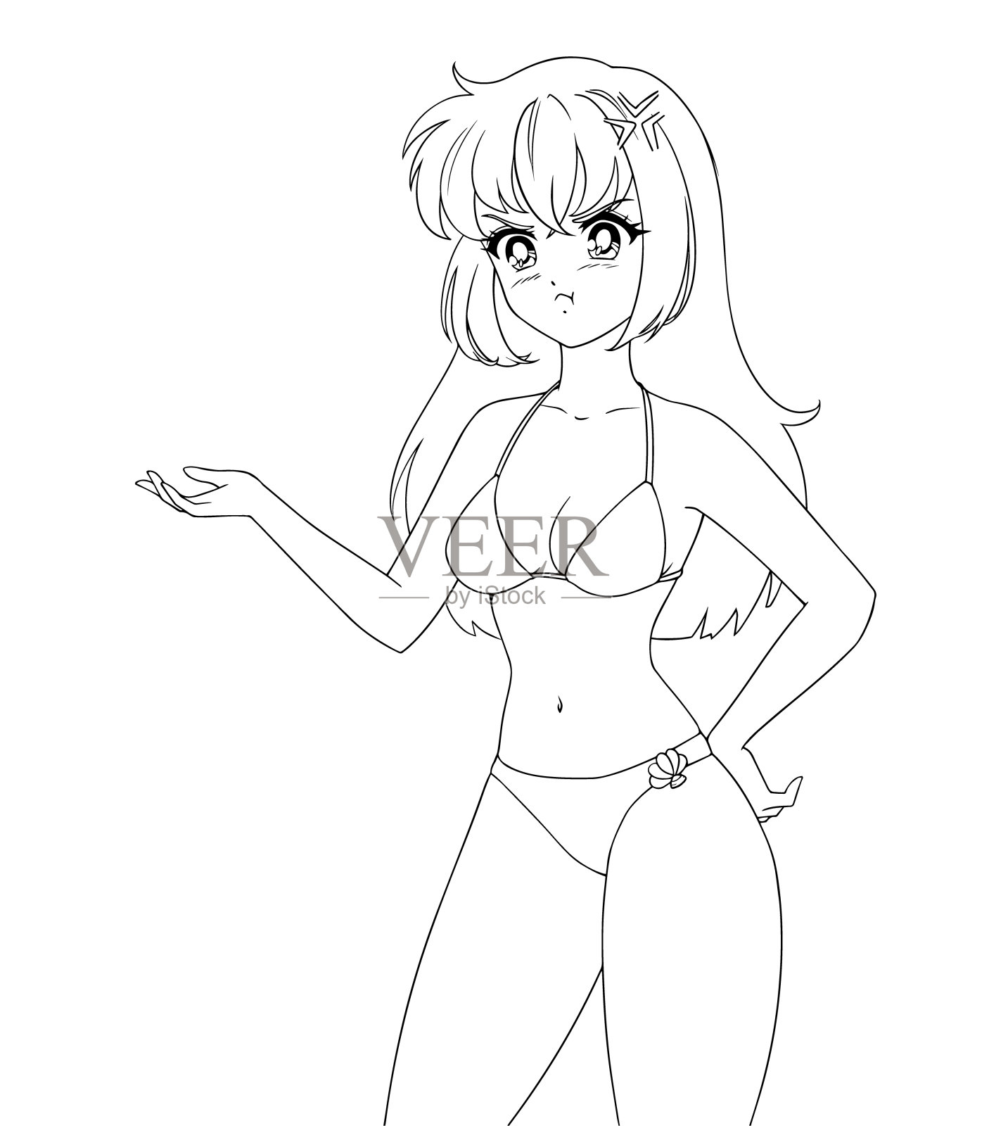 可爱的动漫女孩穿着泳衣比基尼孤立在白色的背景。插画图片素材