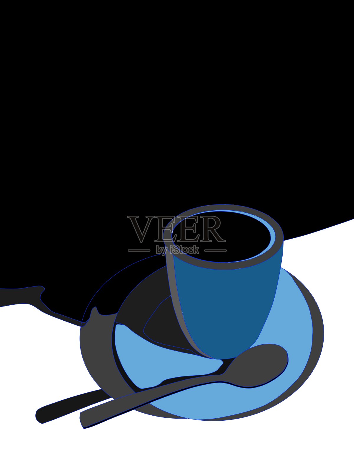蓝色的咖啡杯放在带勺子的茶碟上。插画图片素材