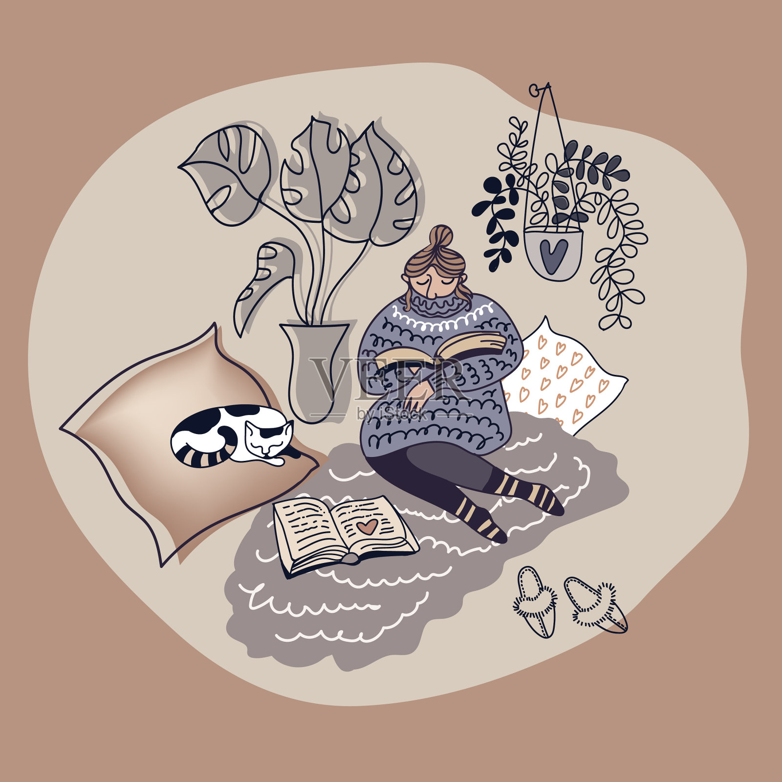 轻松的女人在家里舒适的室内与可爱插画图片素材