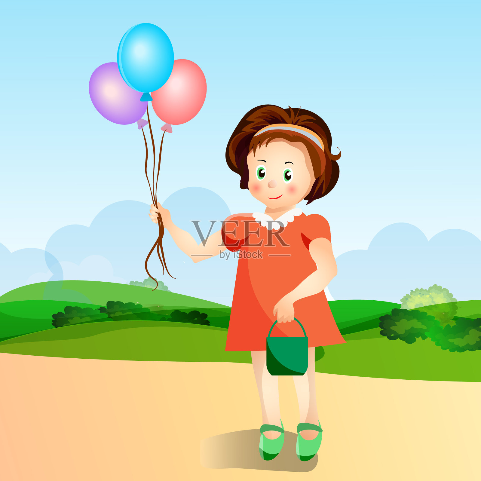 小女孩带着气球在公园里闪闪发光插画图片素材