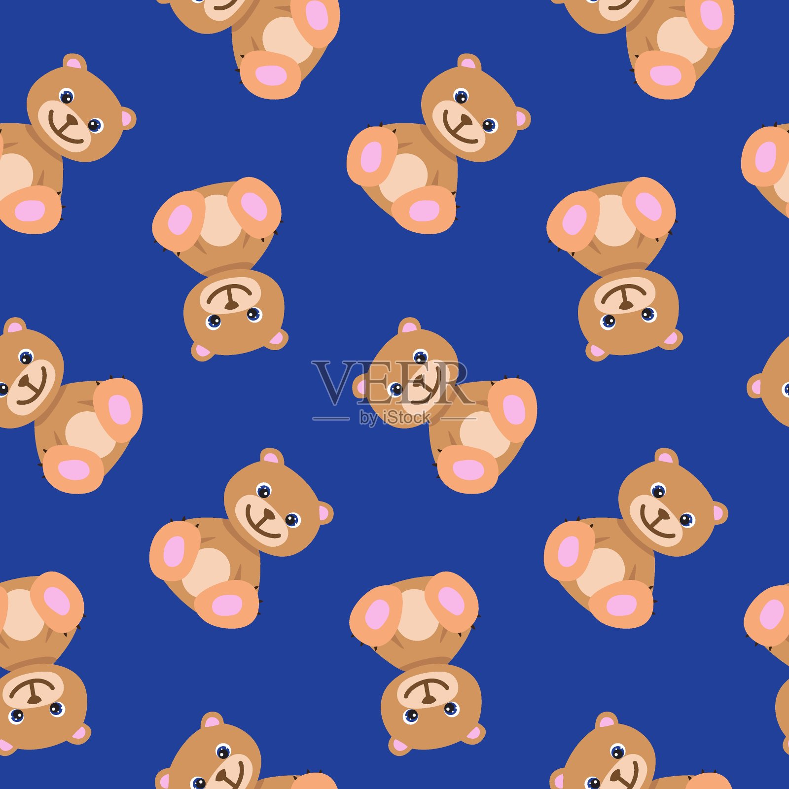 无缝图案与可爱的棕色泰迪熊在柔和的颜色。宝贝说明。儿童卡通印刷。完美的儿童服装，纺织品，苗圃墙纸，礼品包装，贺卡插画图片素材