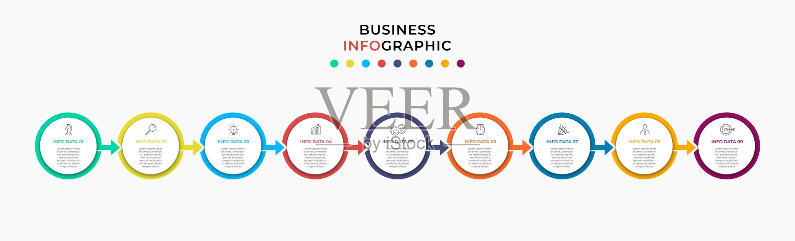 矢量图形设计业务模板与图标和9个选项或步骤。可用于流程图，演示文稿，工作流布局，横幅，流程图，信息图插画图片素材