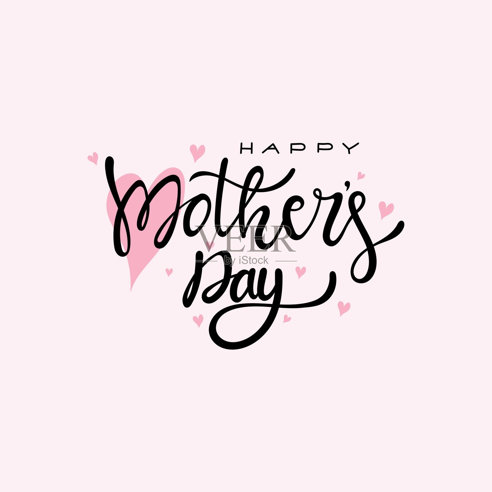 母亲节快乐，书法背景。手绘字体为优雅的贺卡，海报，油漆。徒手画。现代向量插图。孤立在淡粉色背景上。插画图片素材