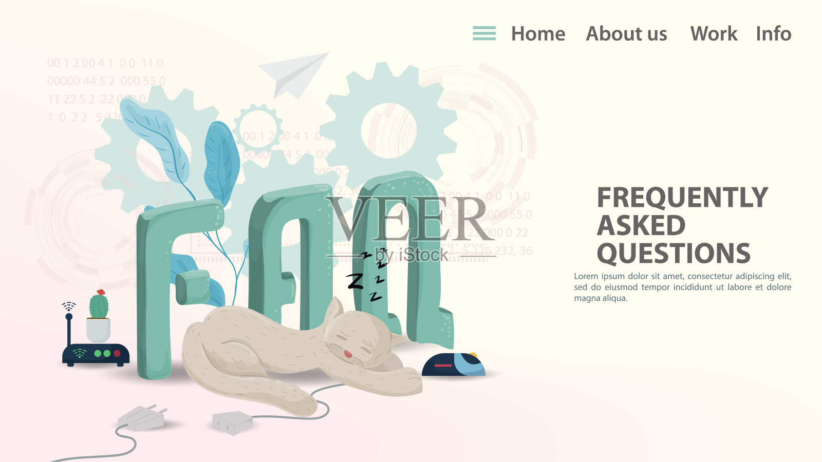 常见问题矢量插图着陆页面模板的网页或应用程序Cat睡觉旁边的大字母插画图片素材