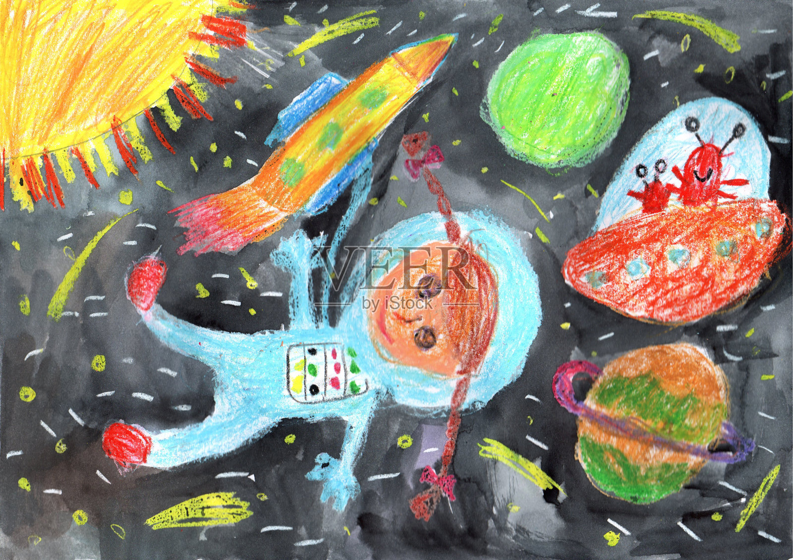 水彩儿童画太空行星火箭插画图片素材