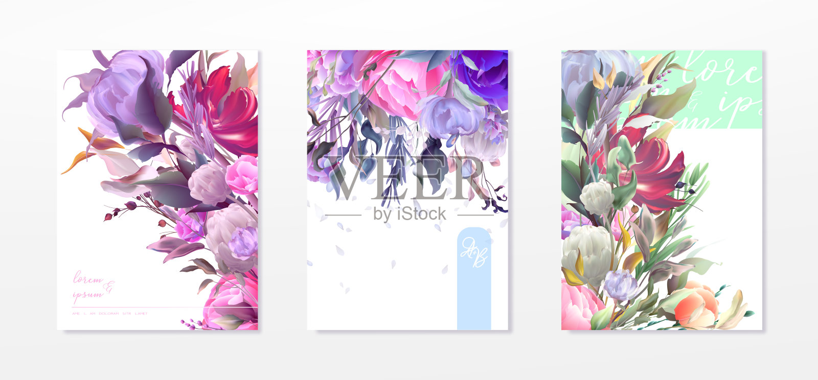 简约婚礼邀请框套装;花，叶，水彩，孤立在白色。插画图片素材