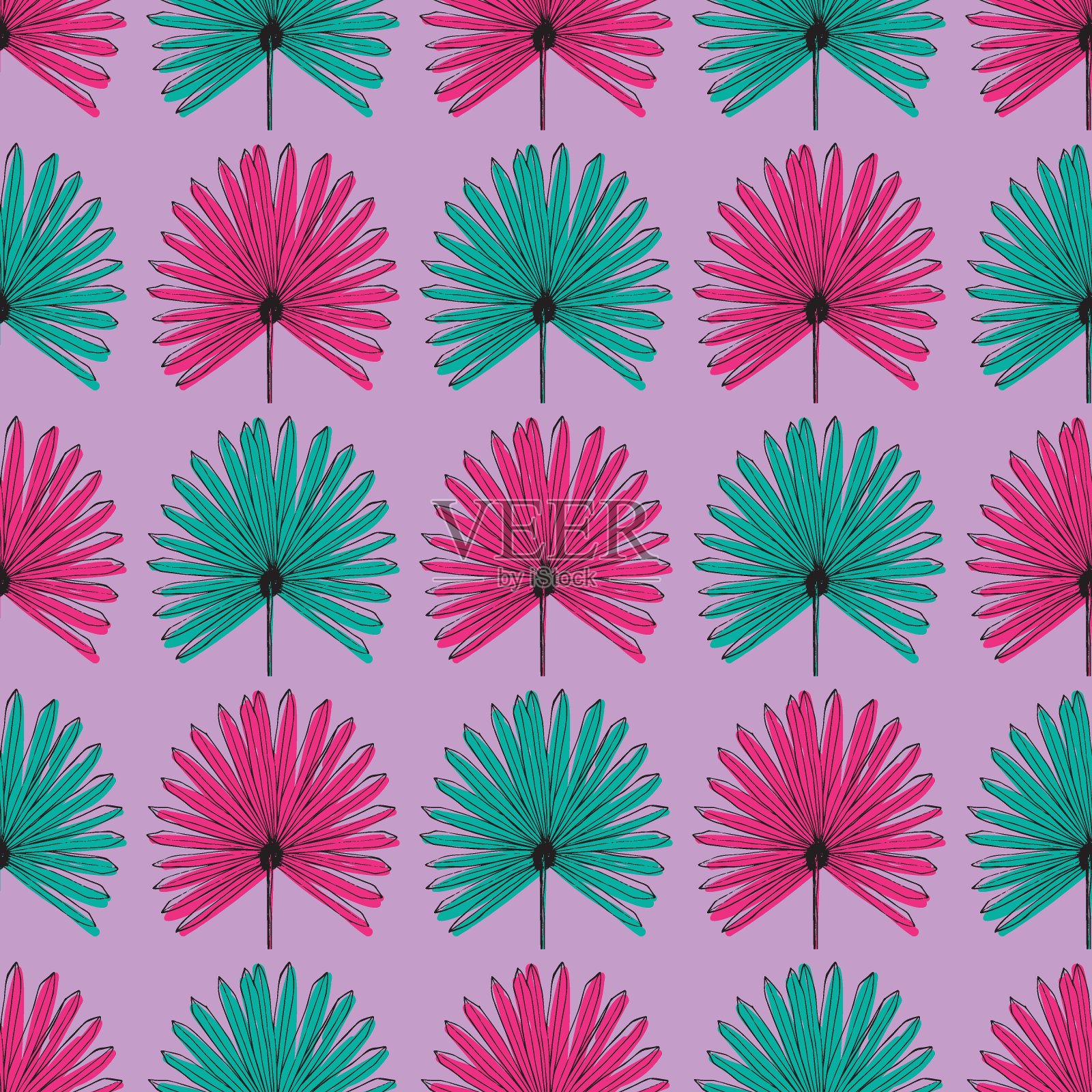 矢量无缝模式与手绘扇棕榈叶。可用于贺卡、传单、请柬、网页设计等插画图片素材