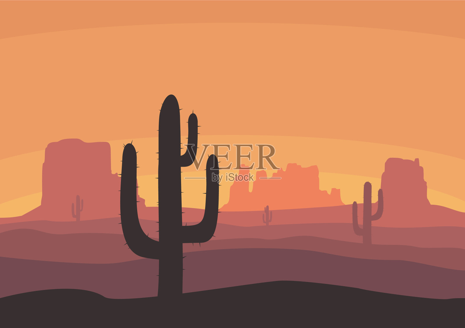 沙漠景观与仙人掌山和山脉插画图片素材