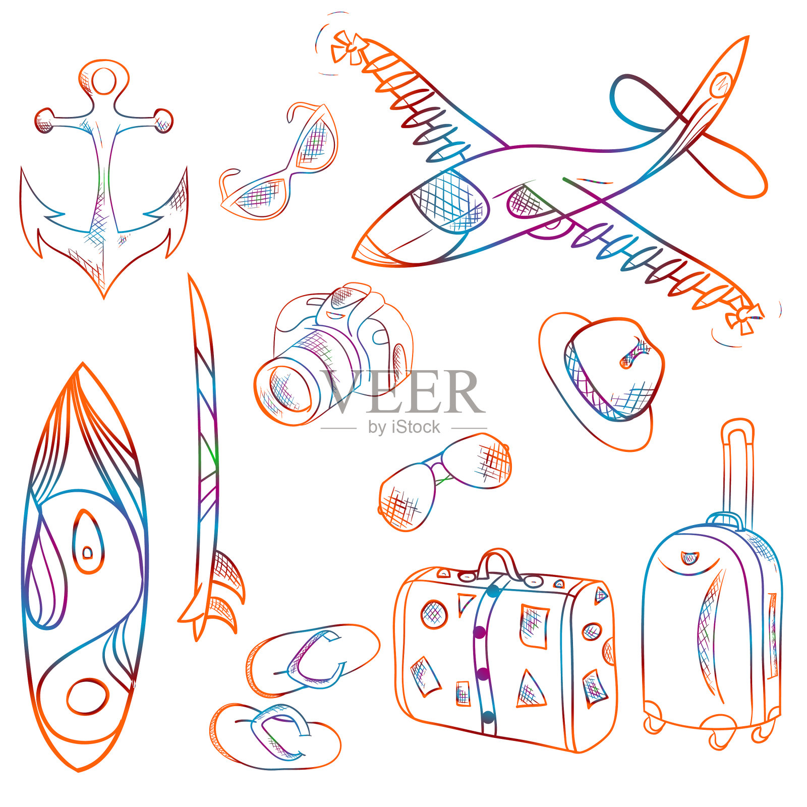 手绘集图标夏季和假期图标素材