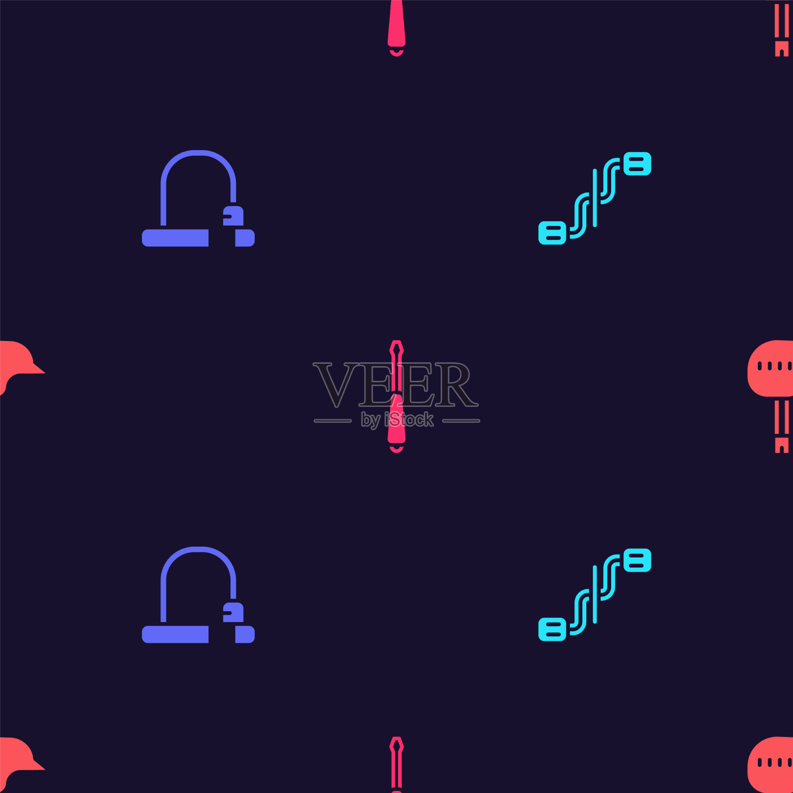 设置自行车踏板锁螺丝刀和头盔图标素材