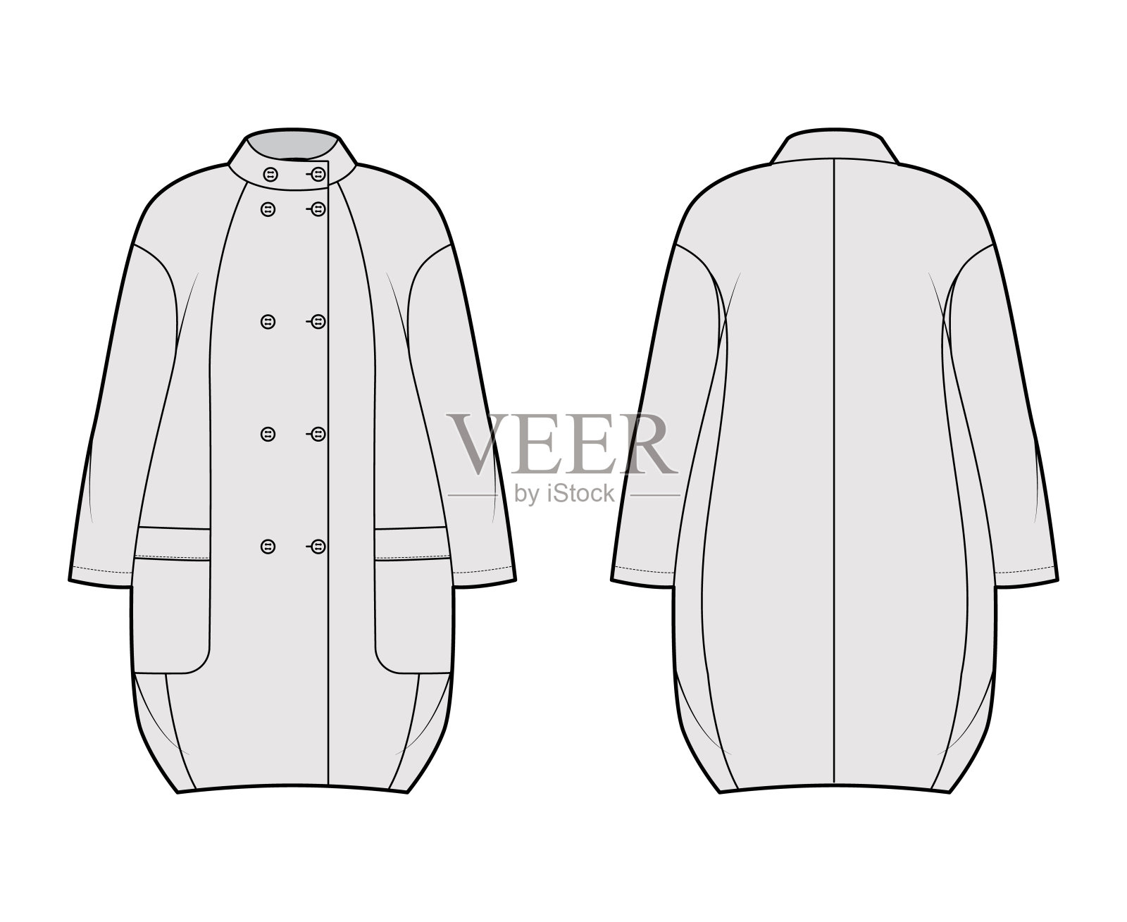 茧外套技术时尚插图长袖，双排扣，超大的身体，膝盖长插画图片素材