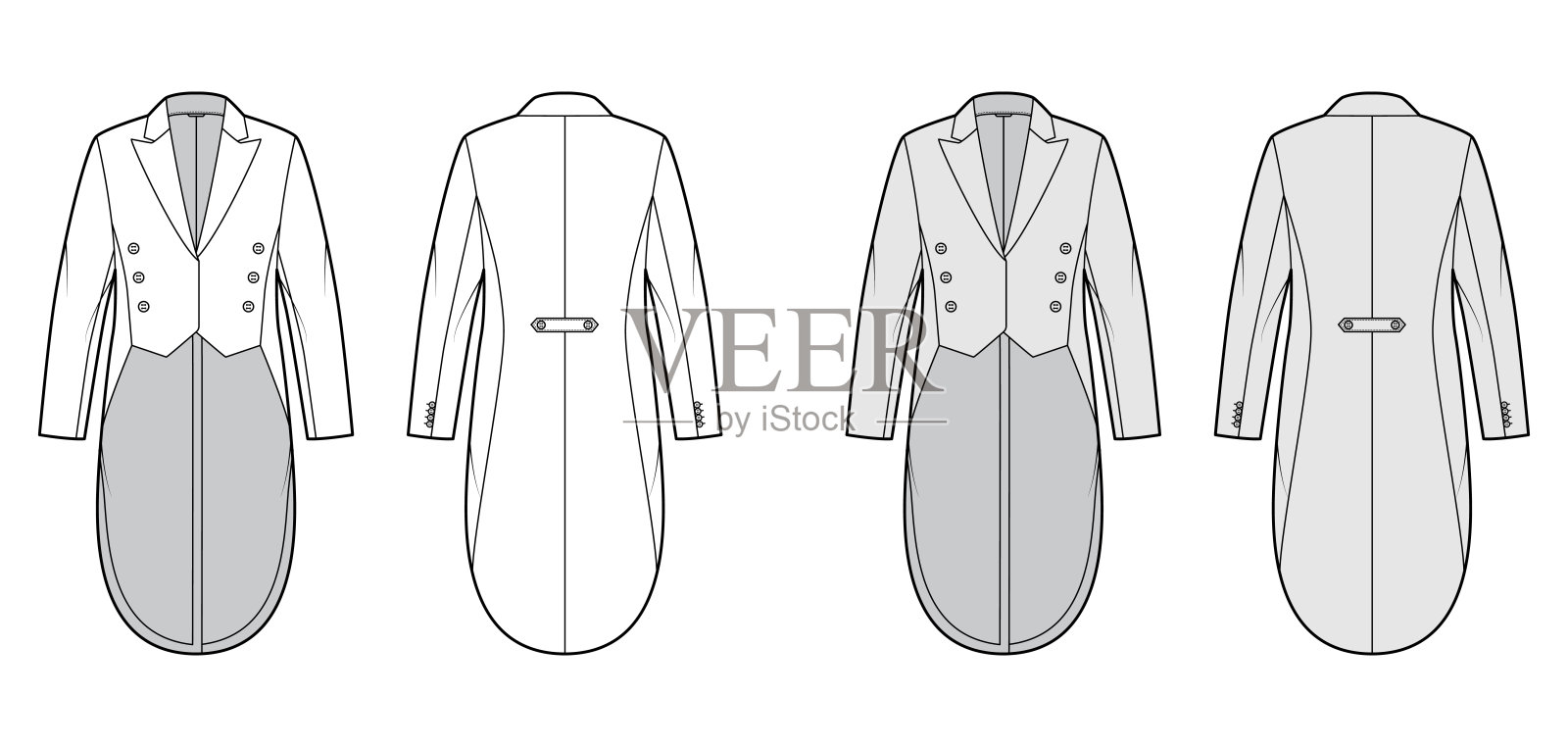 双排扣，长袖，尖顶领，低高下摆晚礼服技术时尚插图设计元素图片