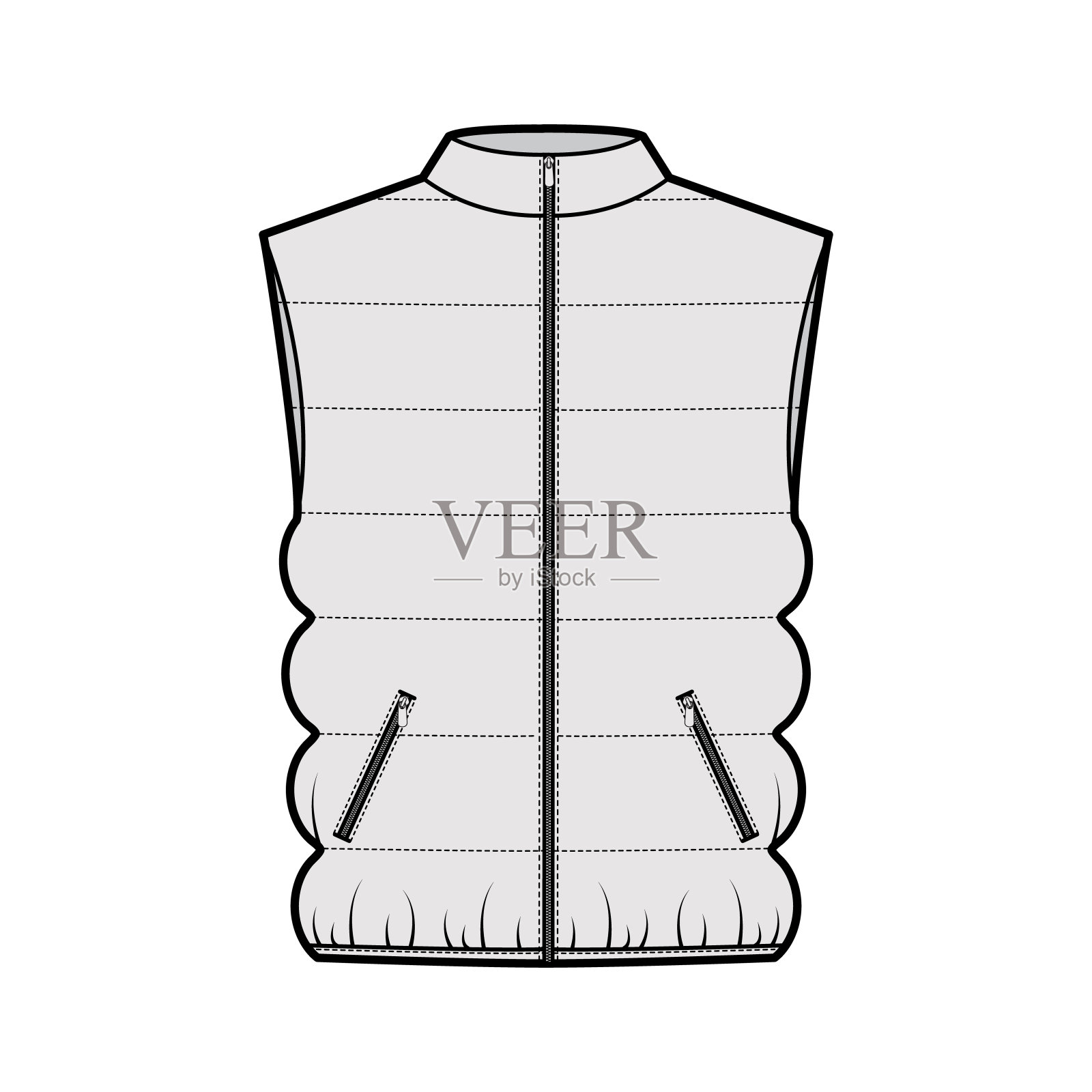 羽绒马甲技术时尚插画无袖，领，拉链关闭，口袋，超大插画图片素材