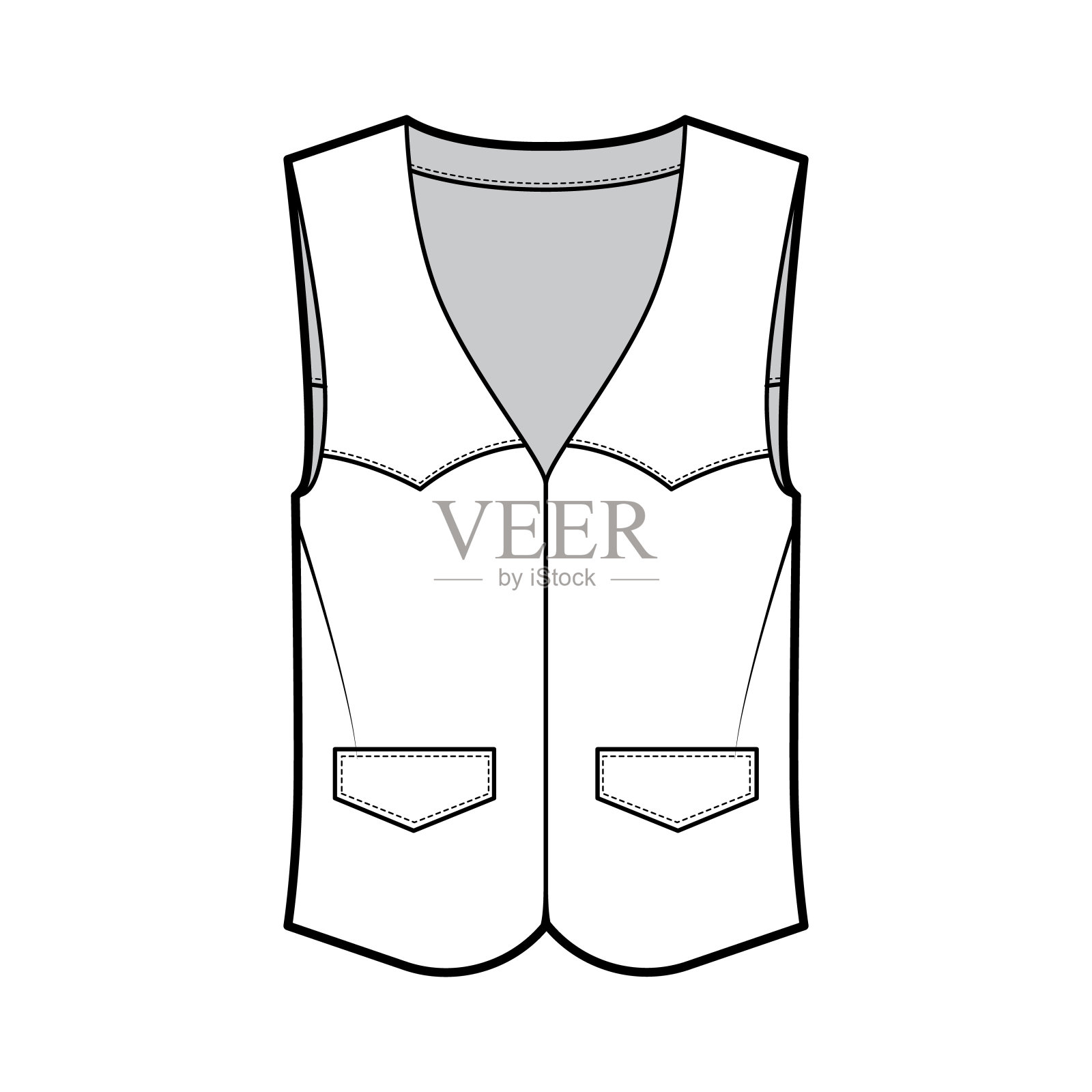 西方背心马甲技术时尚插图无袖，轭，皮瓣口袋，合身的身体。平的服装插画图片素材