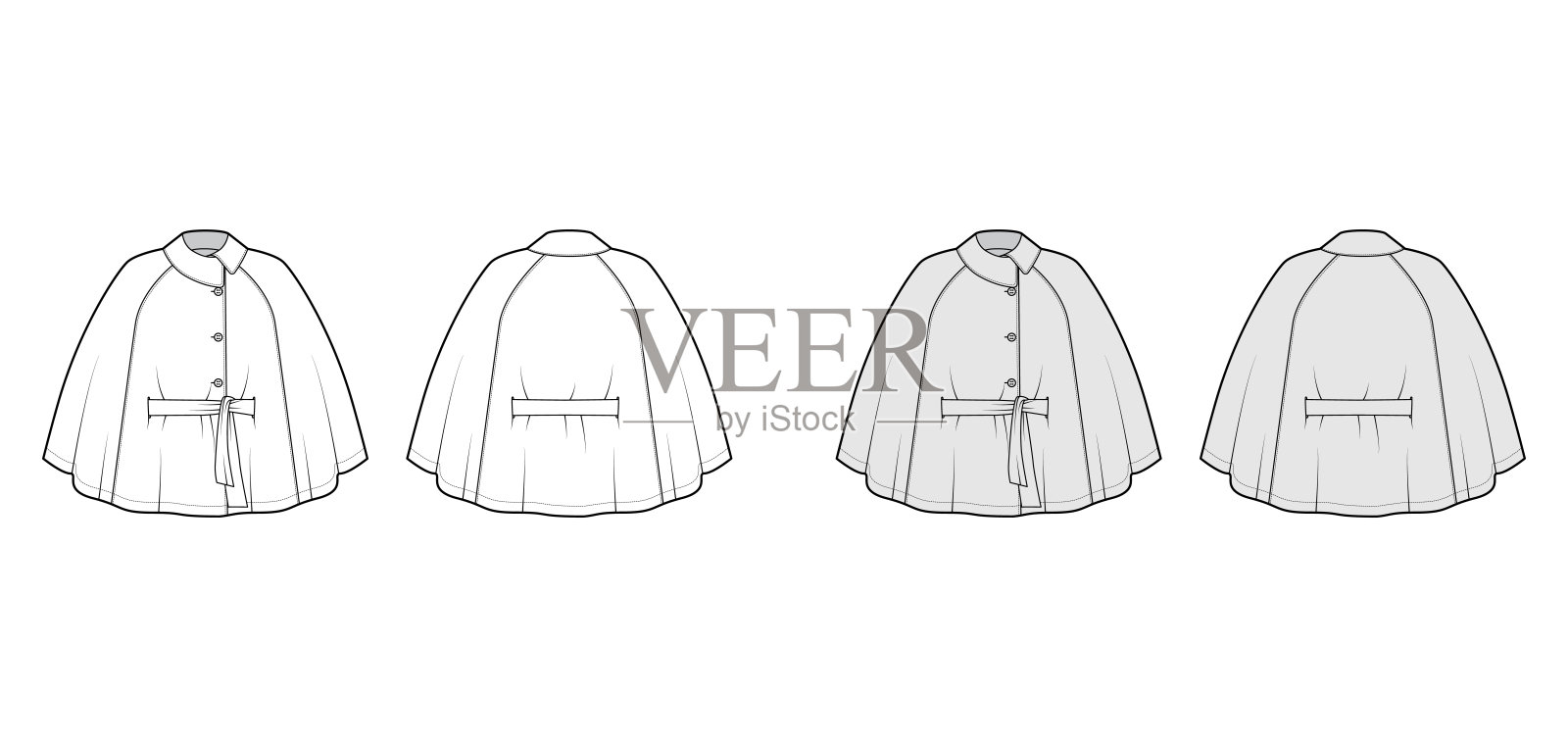 斗篷外套披风技术时尚插画带，不对称衣领，超大的梯形身体，指尖长度插画图片素材