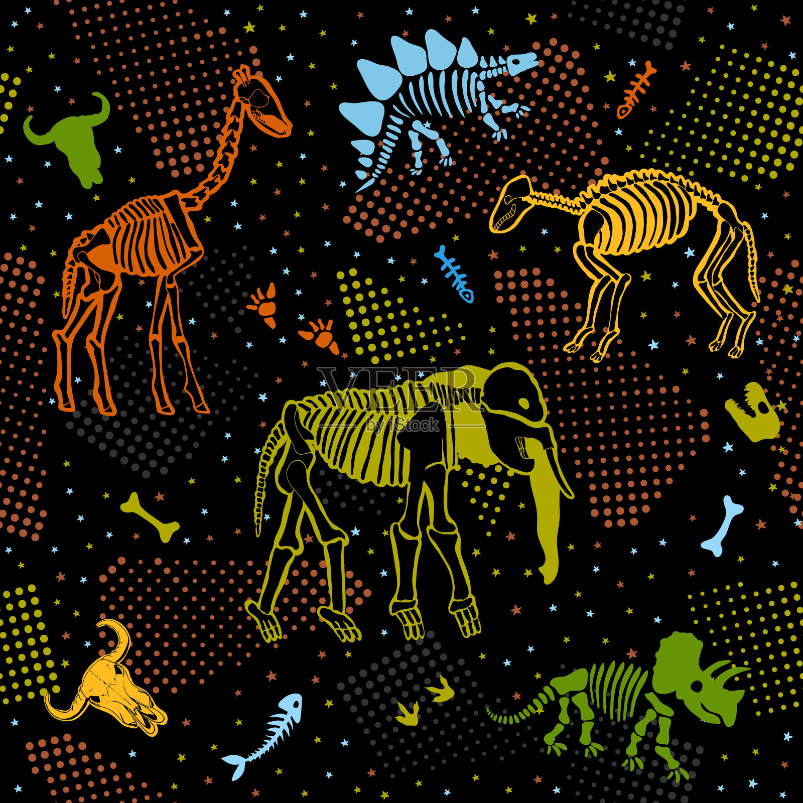 各种史前动物的骨骼和轮廓插画图片素材