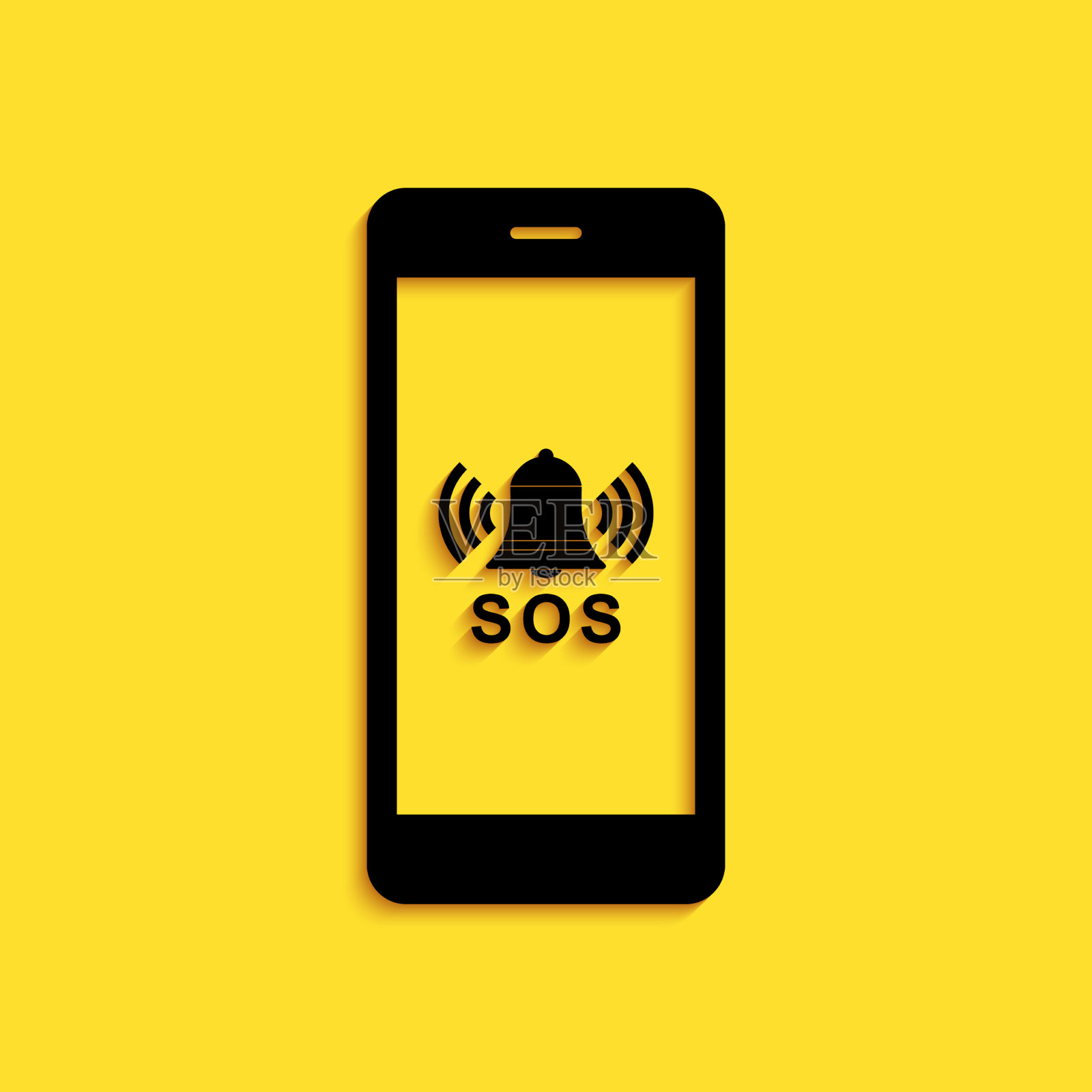黑色SOS呼叫图标孤立在黄色背景上插画图片素材