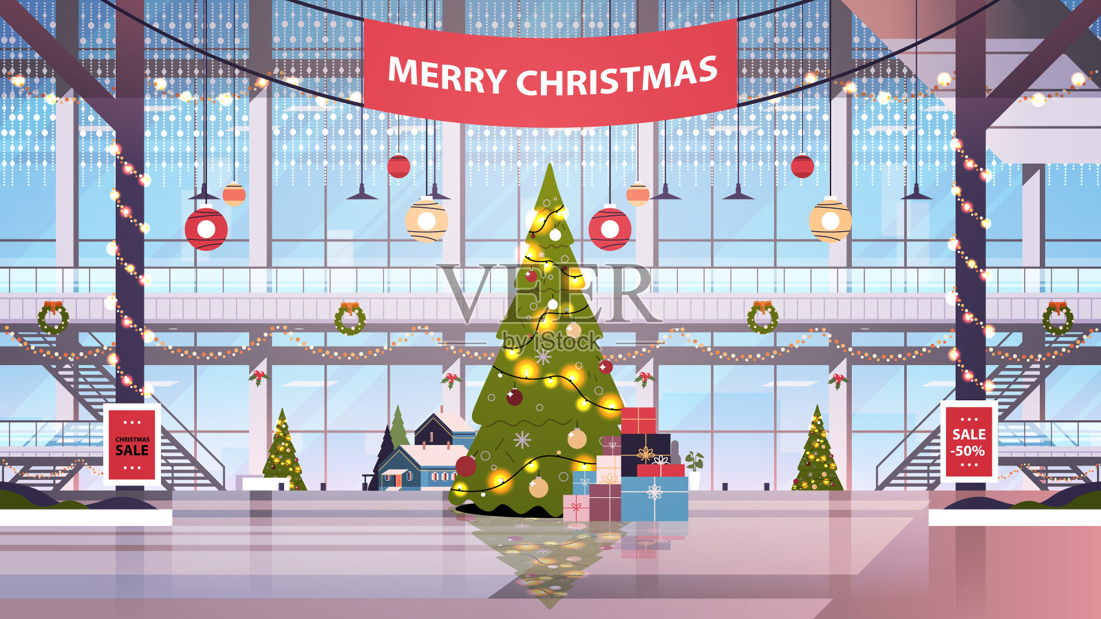 购物中心以冷杉树为装饰插画图片素材