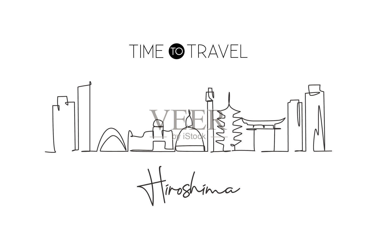 一条线描绘了广岛城市的天际线插画图片素材