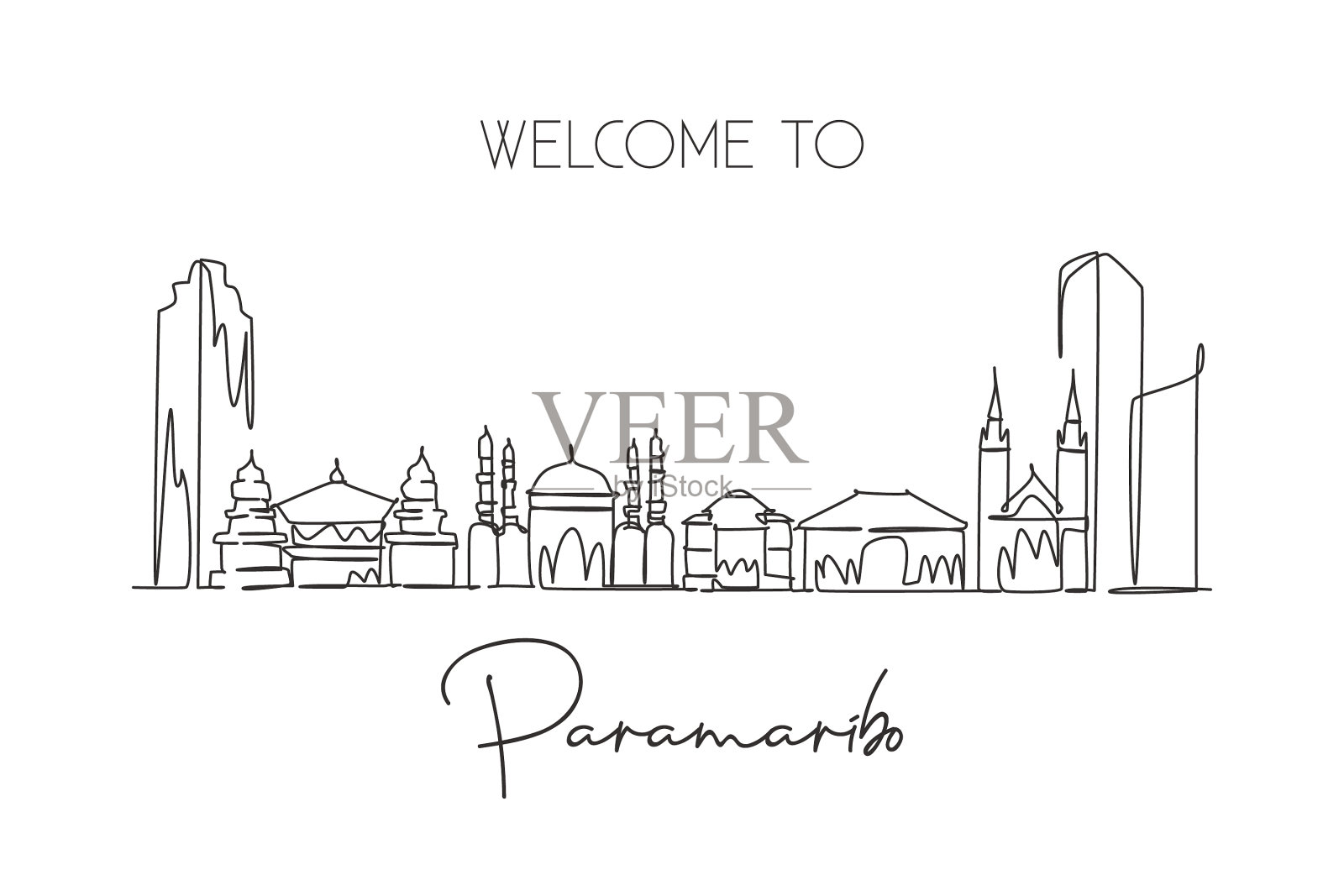 单线连续画paramaribo天际线插画图片素材