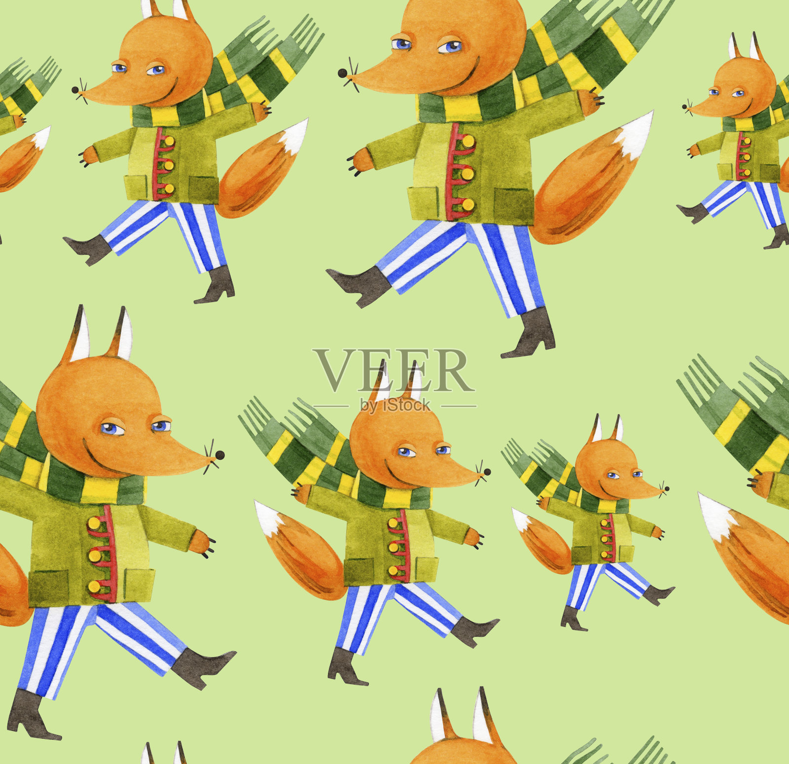 无缝模式的姜狐狸在一个浅绿色的背景。可爱的卡通动物，橄榄外套和条纹围巾。手绘水彩春季插图狡猾的姜狐狸。纺织品印花。插画图片素材