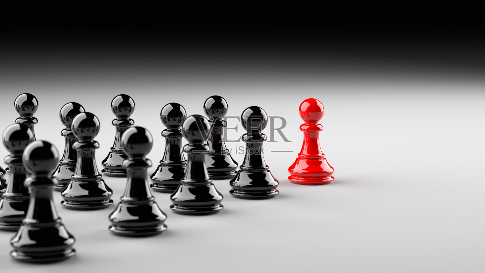 领导理念，红兵在象棋中，从黑兵中脱颖而出，以白棋为背景照片摄影图片
