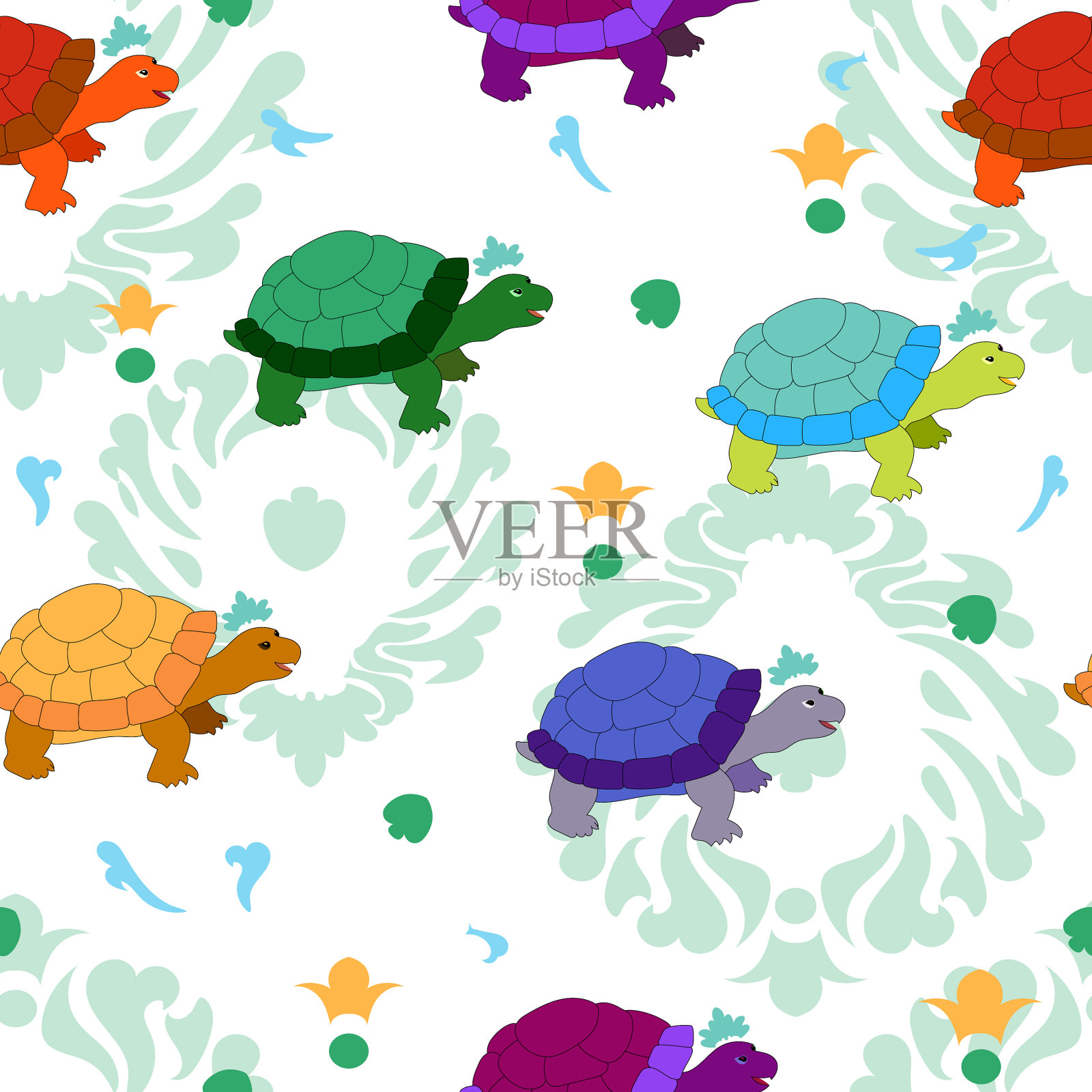 无缝背景图案与乌龟上插画图片素材