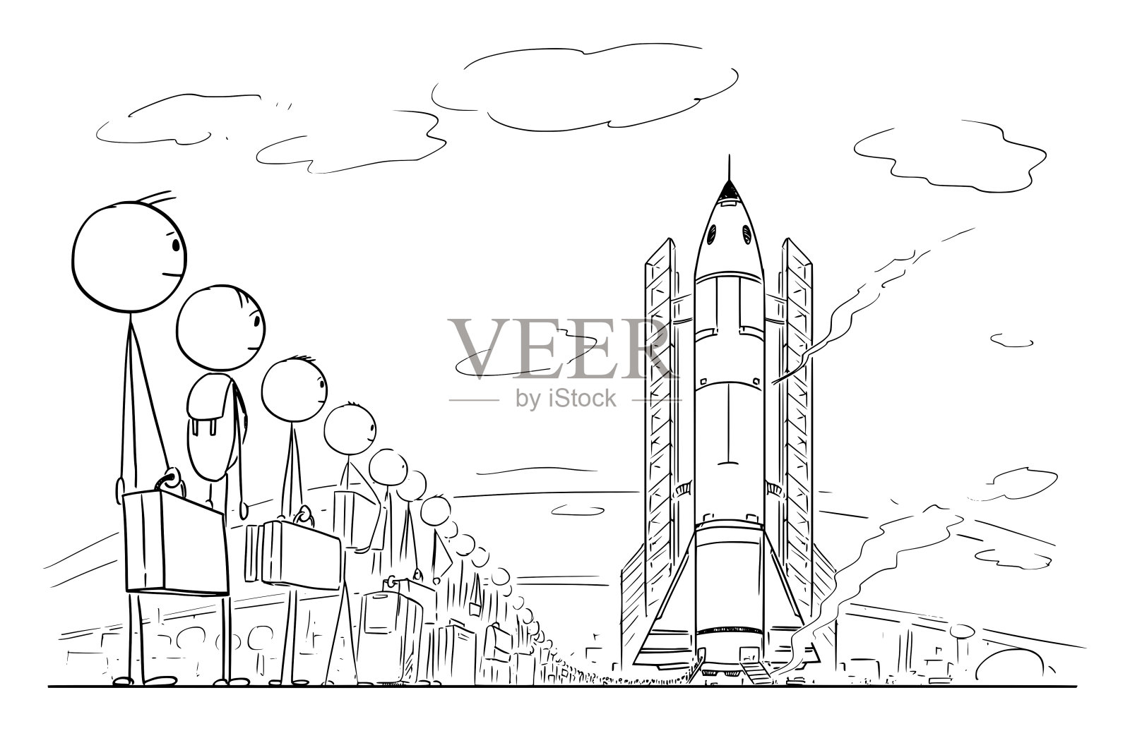 排队等待太空飞行的人们，太空飞船发射。矢量卡通Stick Figure插图插画图片素材