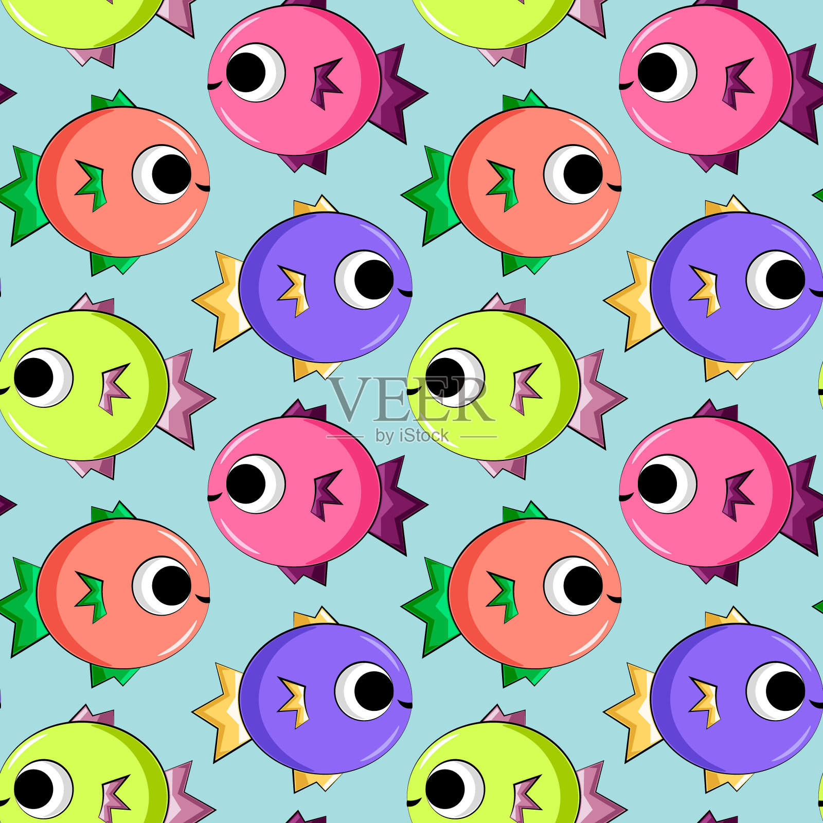 无缝矢量图案与可爱的颜色鱼插画图片素材