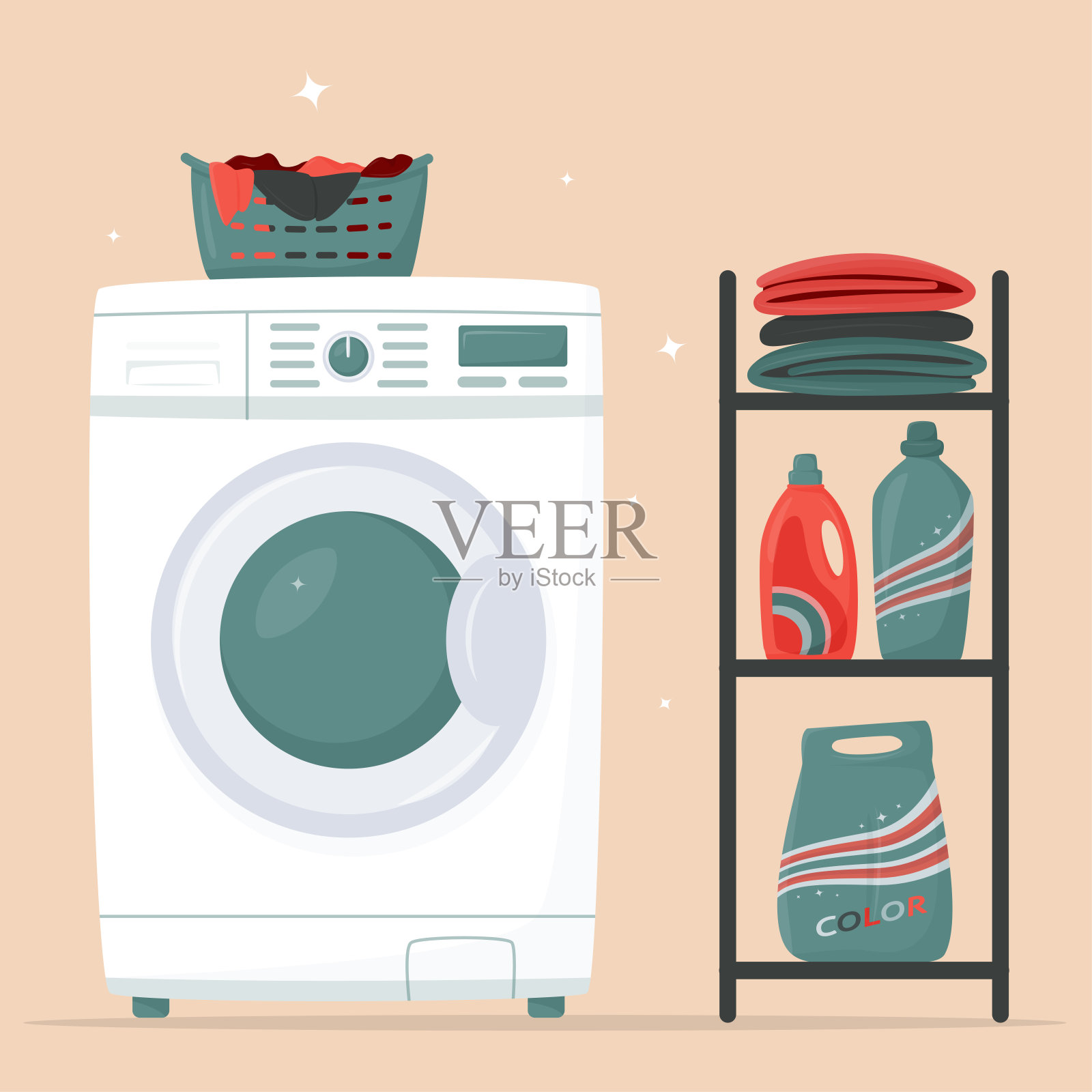 洗衣机和洗衣篮，洗涤剂和干净的布草放在架子上插画图片素材