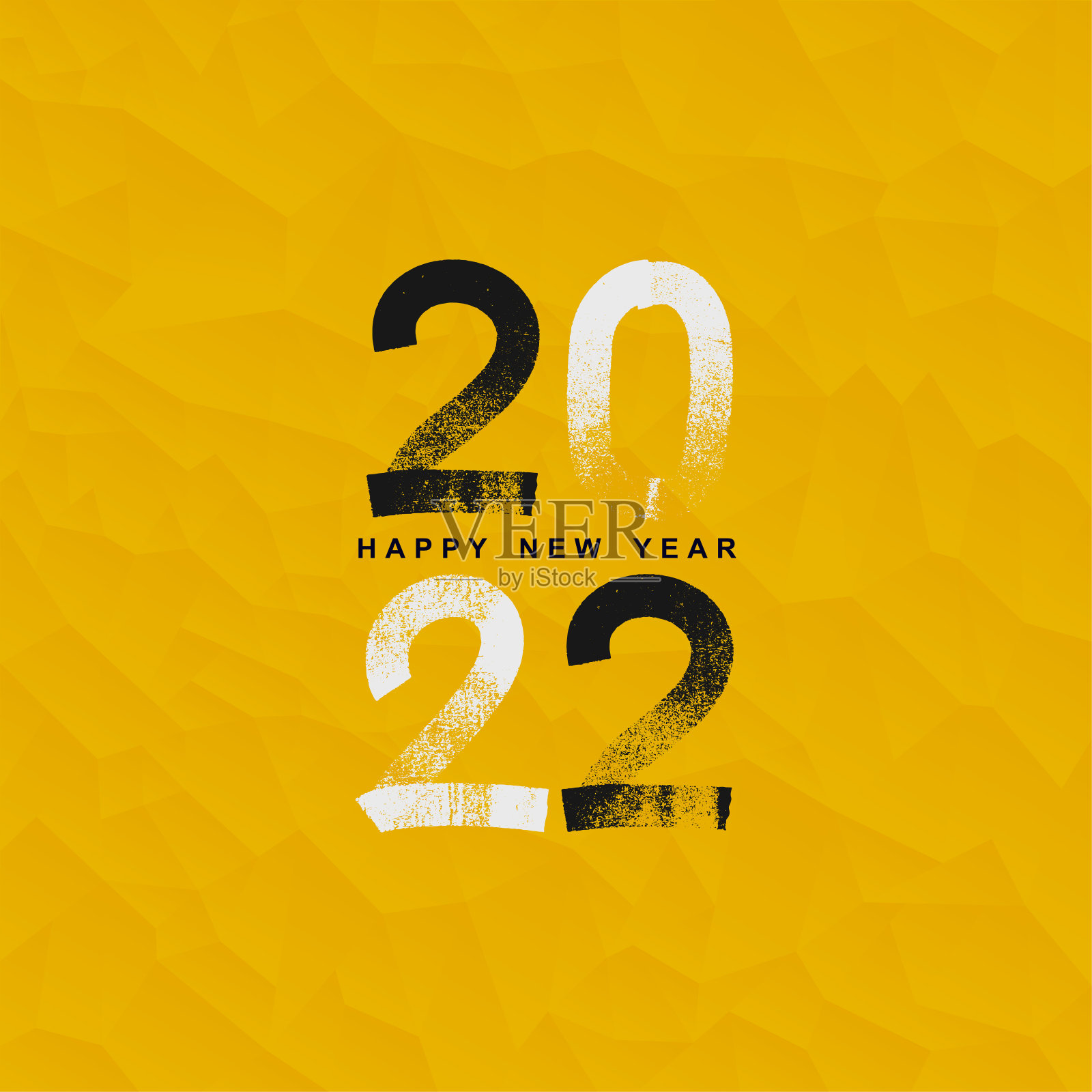 新年海报设计。用黑色和白色的笔触效果装饰数字2022。2022年新年快乐短信符号。矢量插图。标签隔离在黄色背景上。插画图片素材