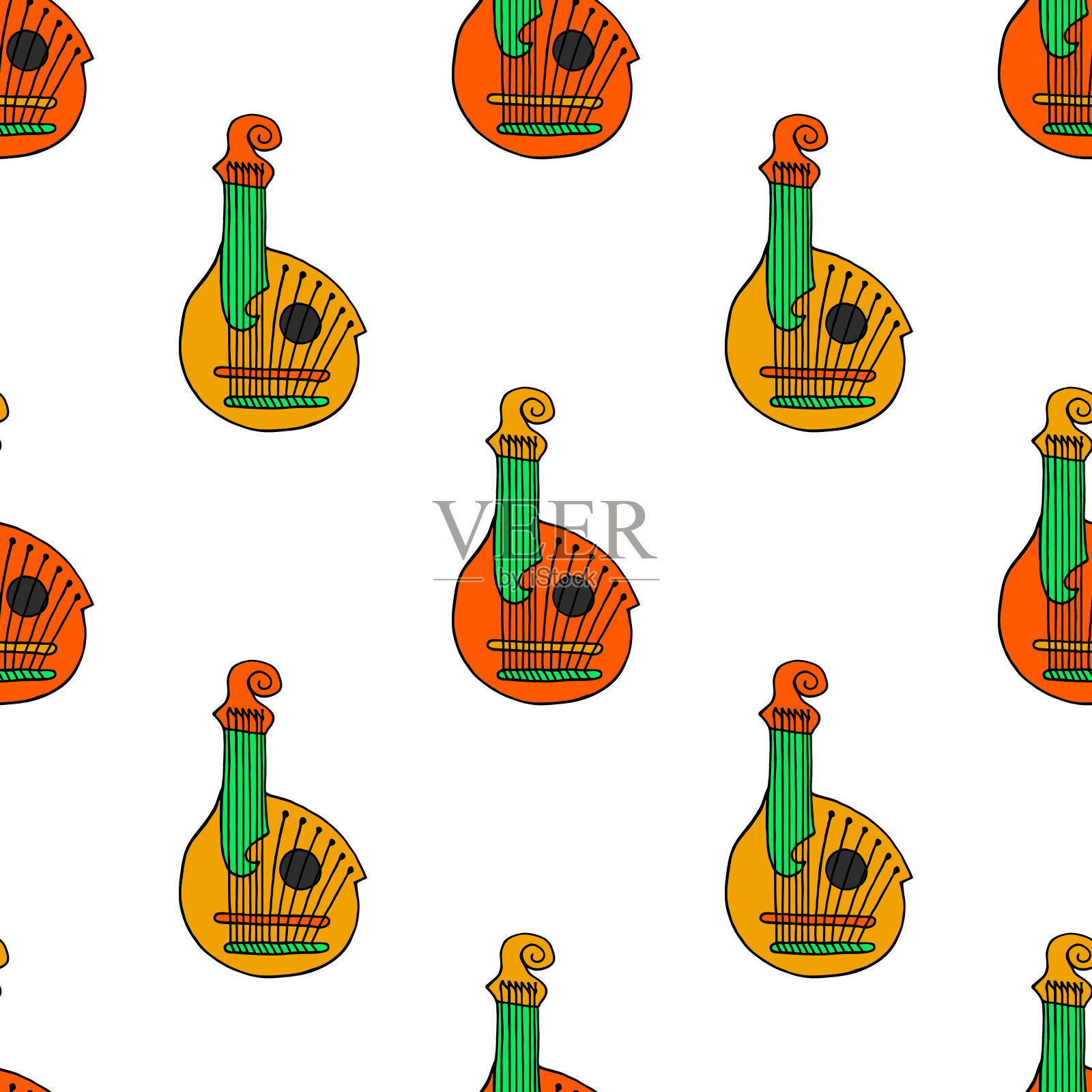 明亮的无缝模式与bandura上的白色背景。乌克兰民族乐器。矢量图。插画图片素材
