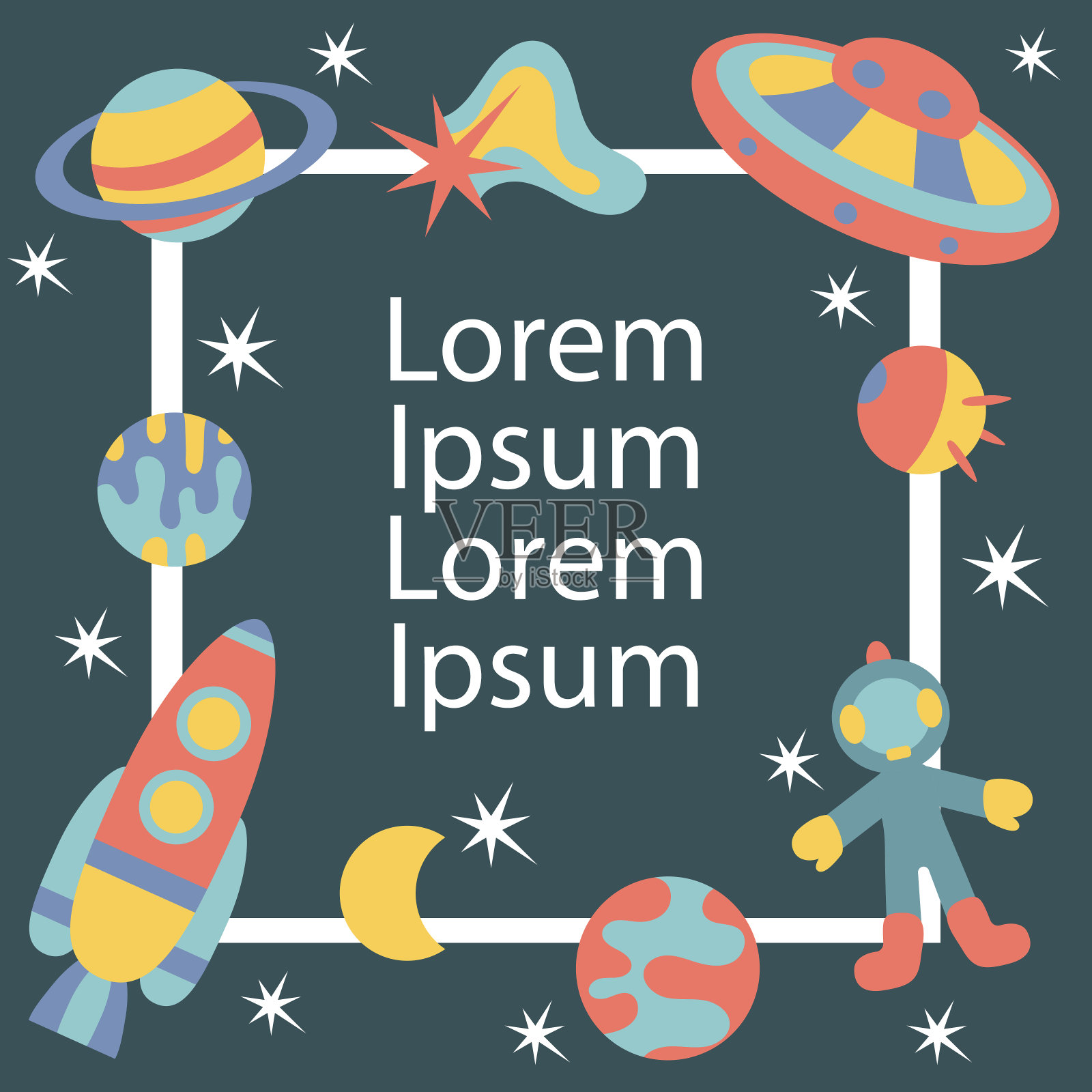 空间的主题。方形框架与卫星航天器行星恒星。贺卡、请柬、海报、插画图片素材