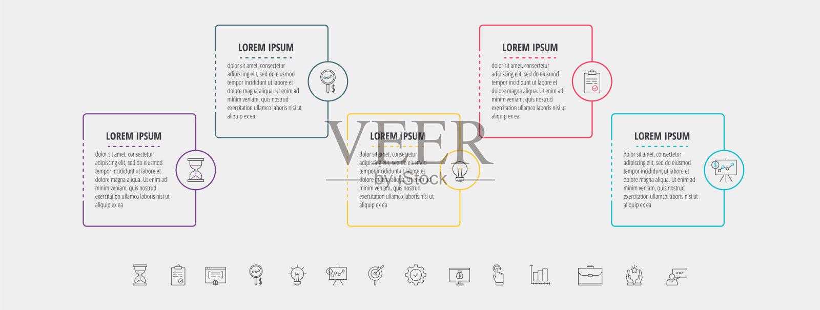矢量线信息图有五步，圆。矩形时间轴用于图表，网页，横幅，工作流程布局，演示，流程图，信息图插画图片素材