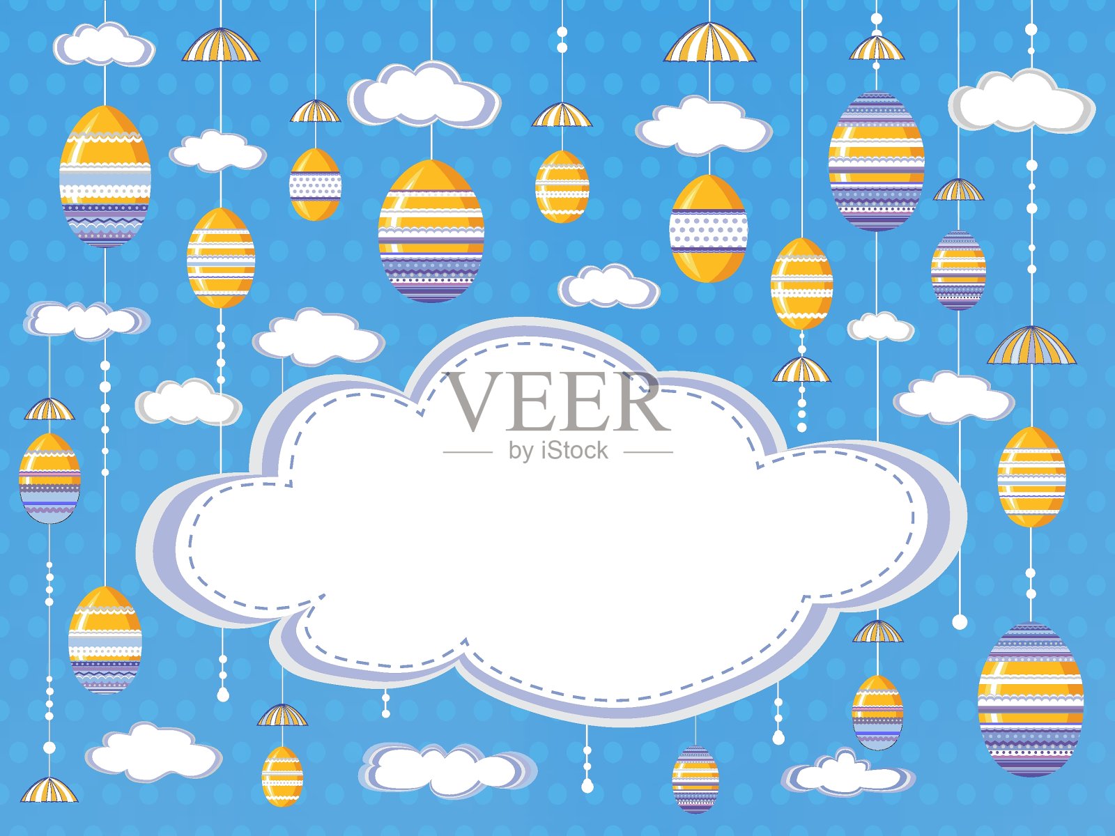 复活节节日背景或海报与云彩和挂在天空美丽的鸡蛋。复活节贺卡，海报，矢量编辑设计插画图片素材
