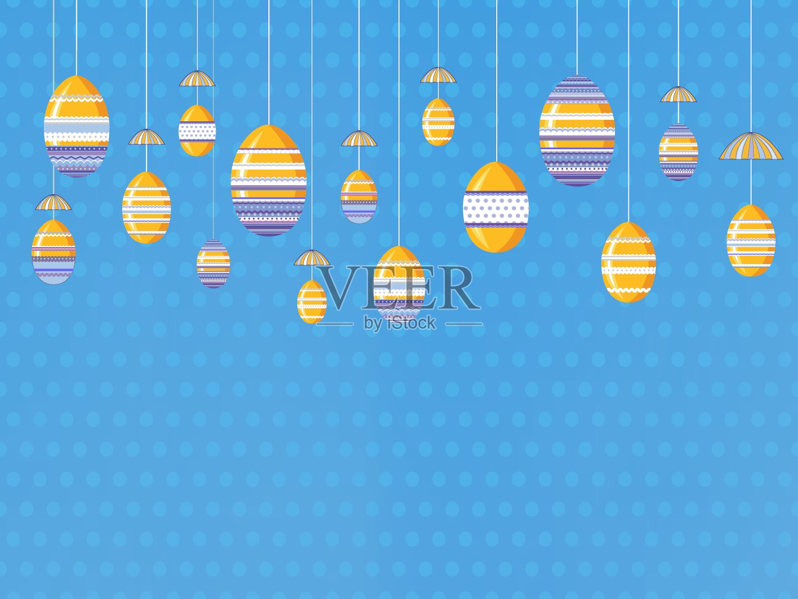 复活节蓝色背景与杂色装饰蛋。矢量图设计模板素材