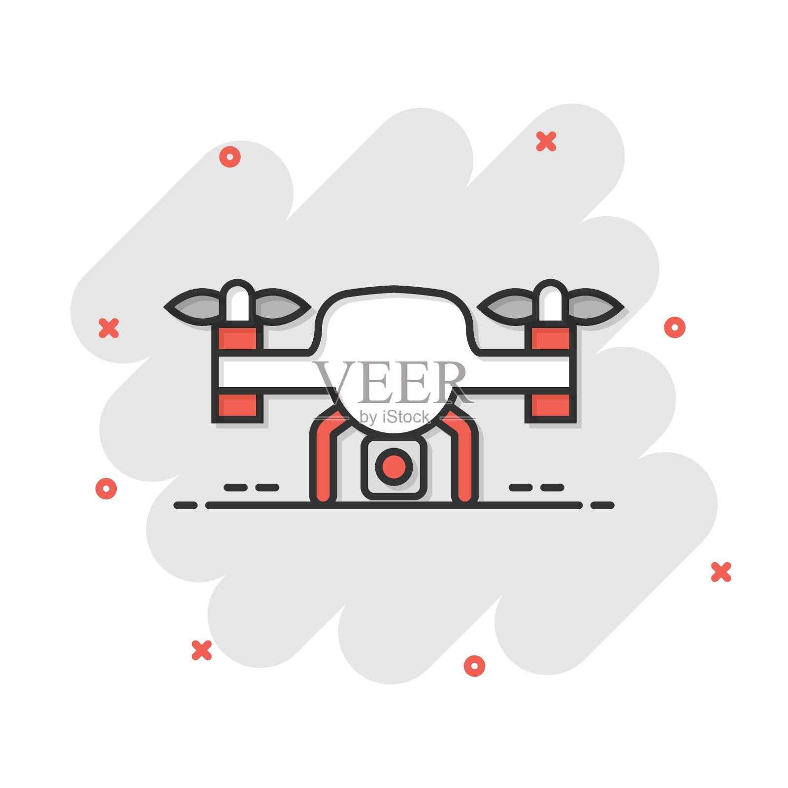 漫画风格的无人机四旋翼飞行器图标。四轴飞行器摄像机矢量卡通插图在白色孤立的背景。直升机飞行的商业概念飞溅效应。插画图片素材