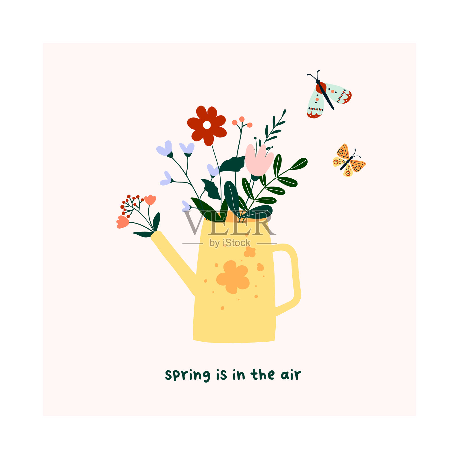 可爱的手绘喷壶，上面有春天盛开的花朵、绿叶和蝴蝶。舒适的hygge斯堪的纳维亚模板明信片，卡片，t恤设计。矢量插图在平面卡通风格插画图片素材